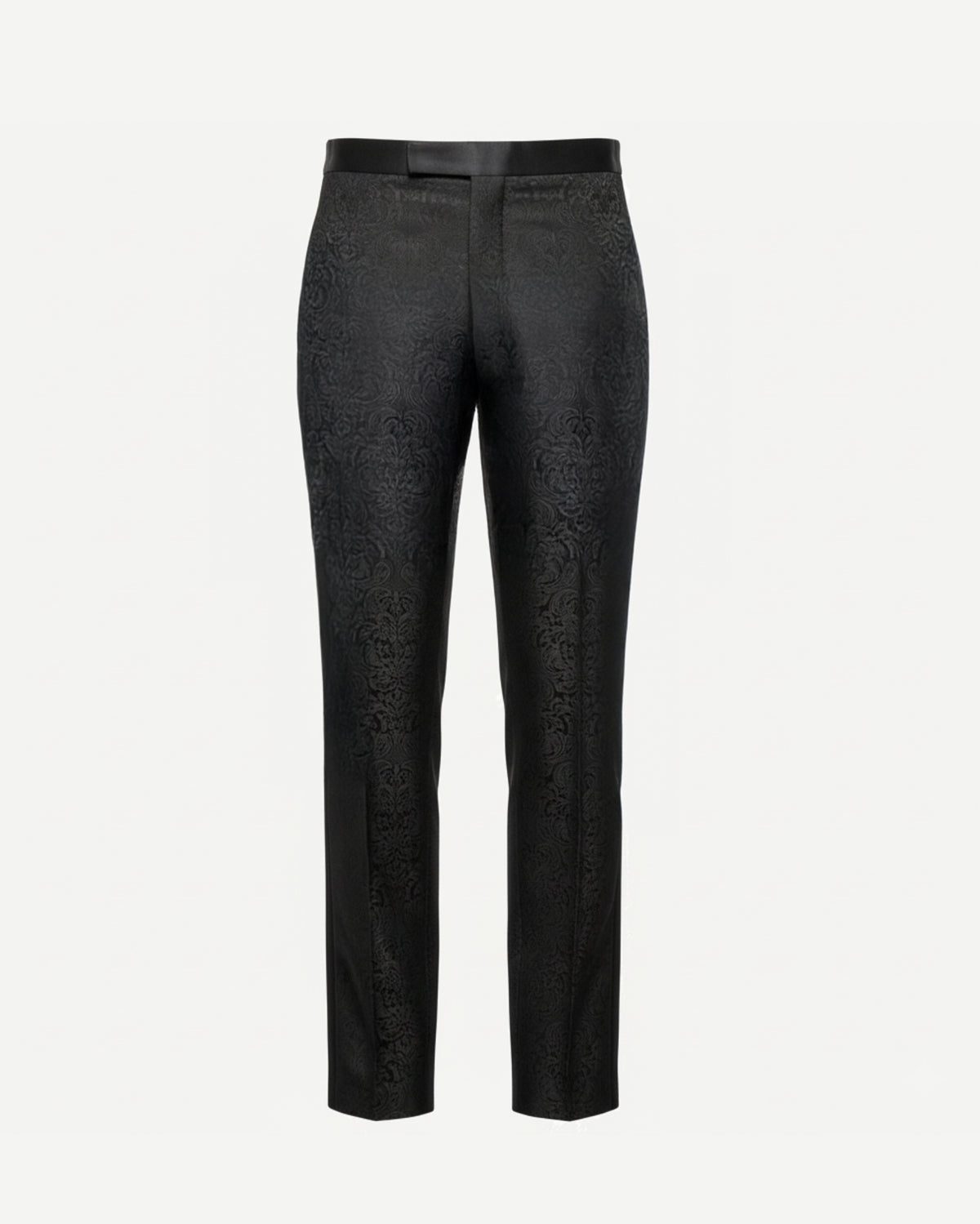 Tailory black tonal brocade tailored trouser with mid-rise satin waistband front view