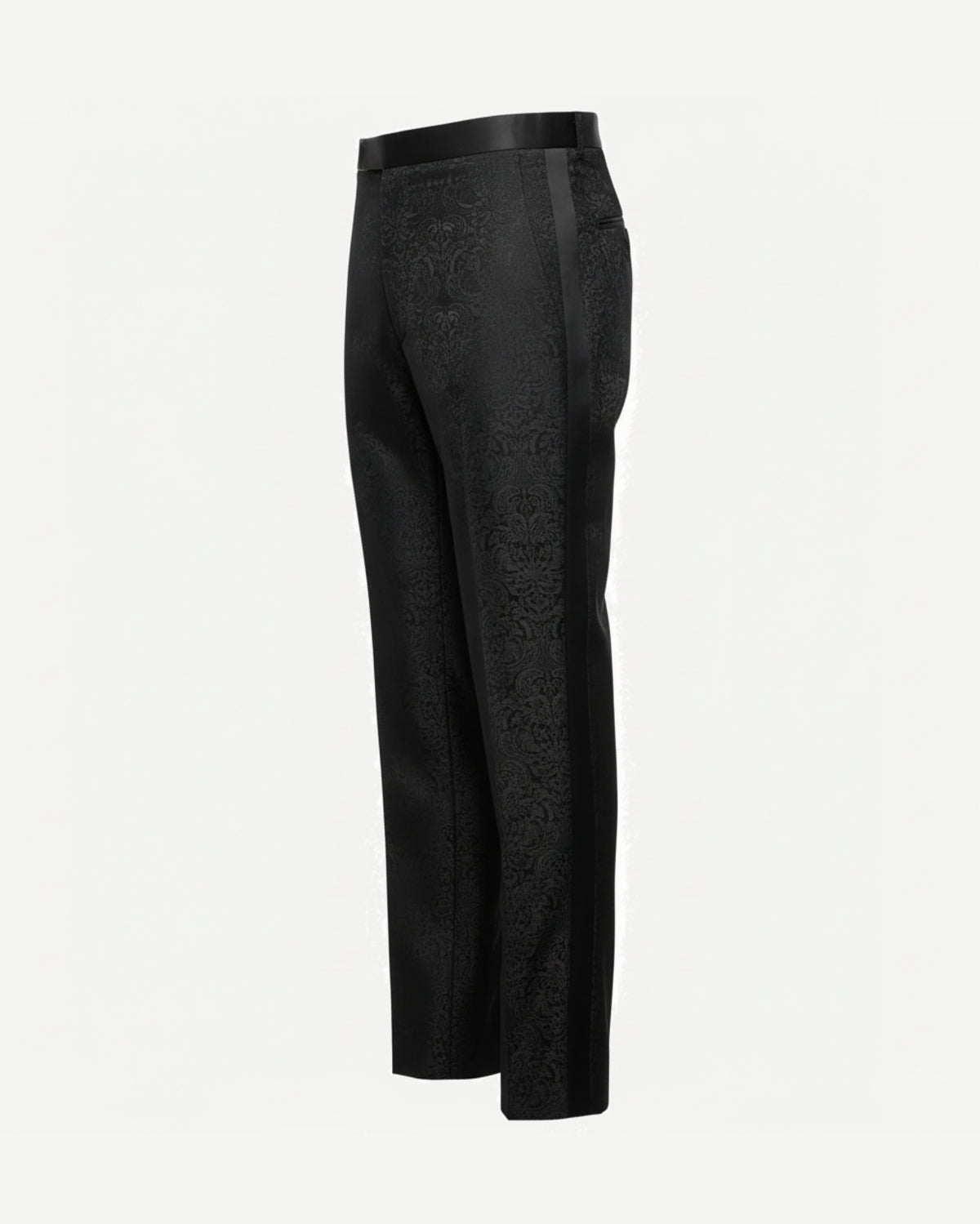 Tailory black brocade tailored trouser side view showing straight-leg cut