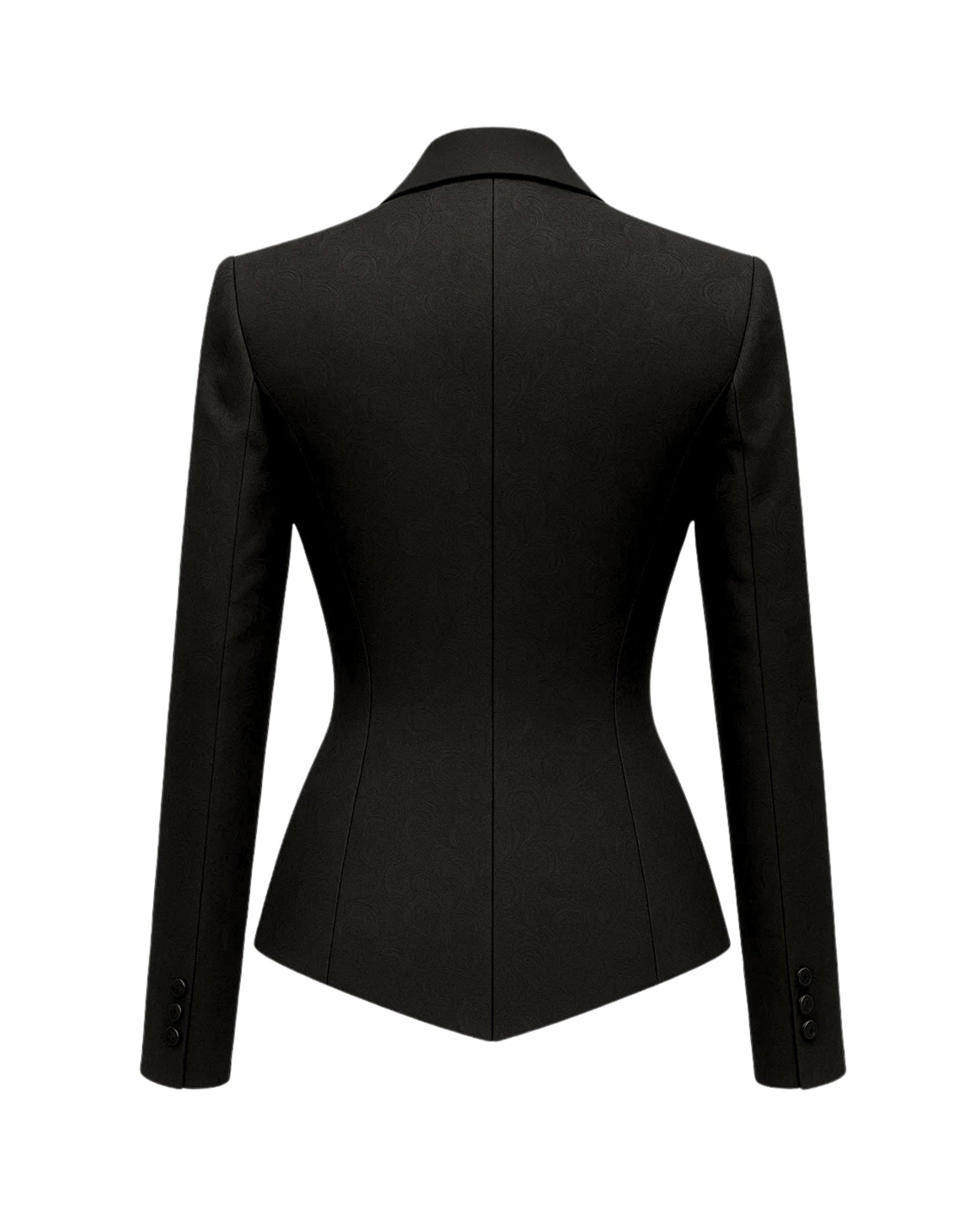 Black Jacquard Tuxedo Jacket Formal Evening Blazer shown from the back, featuring a tailored fit with structured shoulders, long sleeves with buttoned cuffs, and a sleek, sculpted waistline.