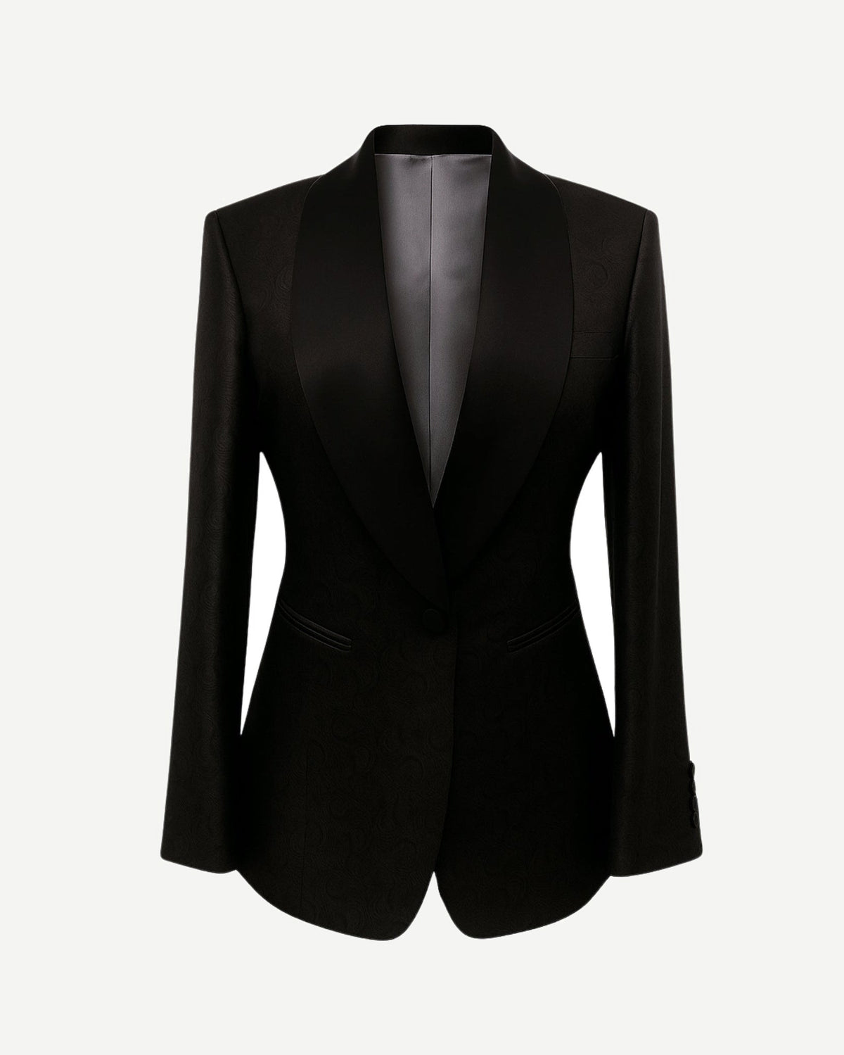 Black Jacquard Tuxedo Jacket Formal Evening Blazer with a tailored silhouette, sleek satin shawl collar, single button closure, and finely textured fabric for sophisticated formal evening wear.