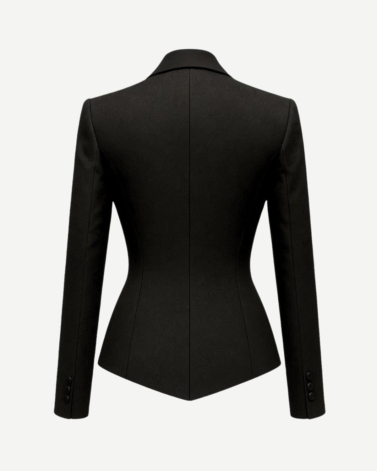 Black Jacquard Tuxedo Jacket Formal Evening Blazer shown from the back, featuring a tailored fit with structured shoulders, long sleeves with buttoned cuffs, and a sleek, sculpted waistline.