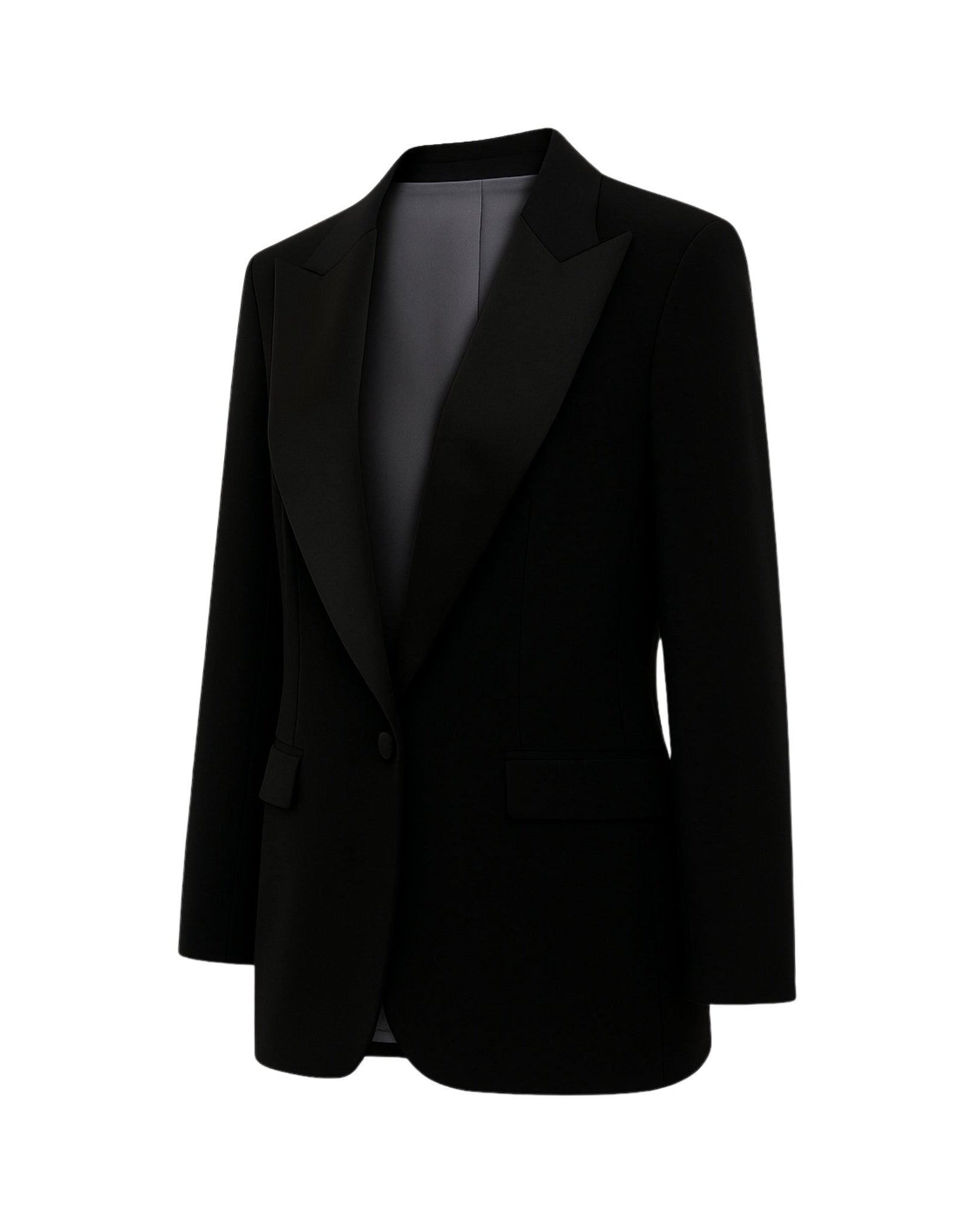 Black Oversized Tuxedo Jacket Exaggerated Peak Lapel Blazer featuring a relaxed fit, bold peak lapels in satin, single-button front closure, and flap pockets for sophisticated formalwear.