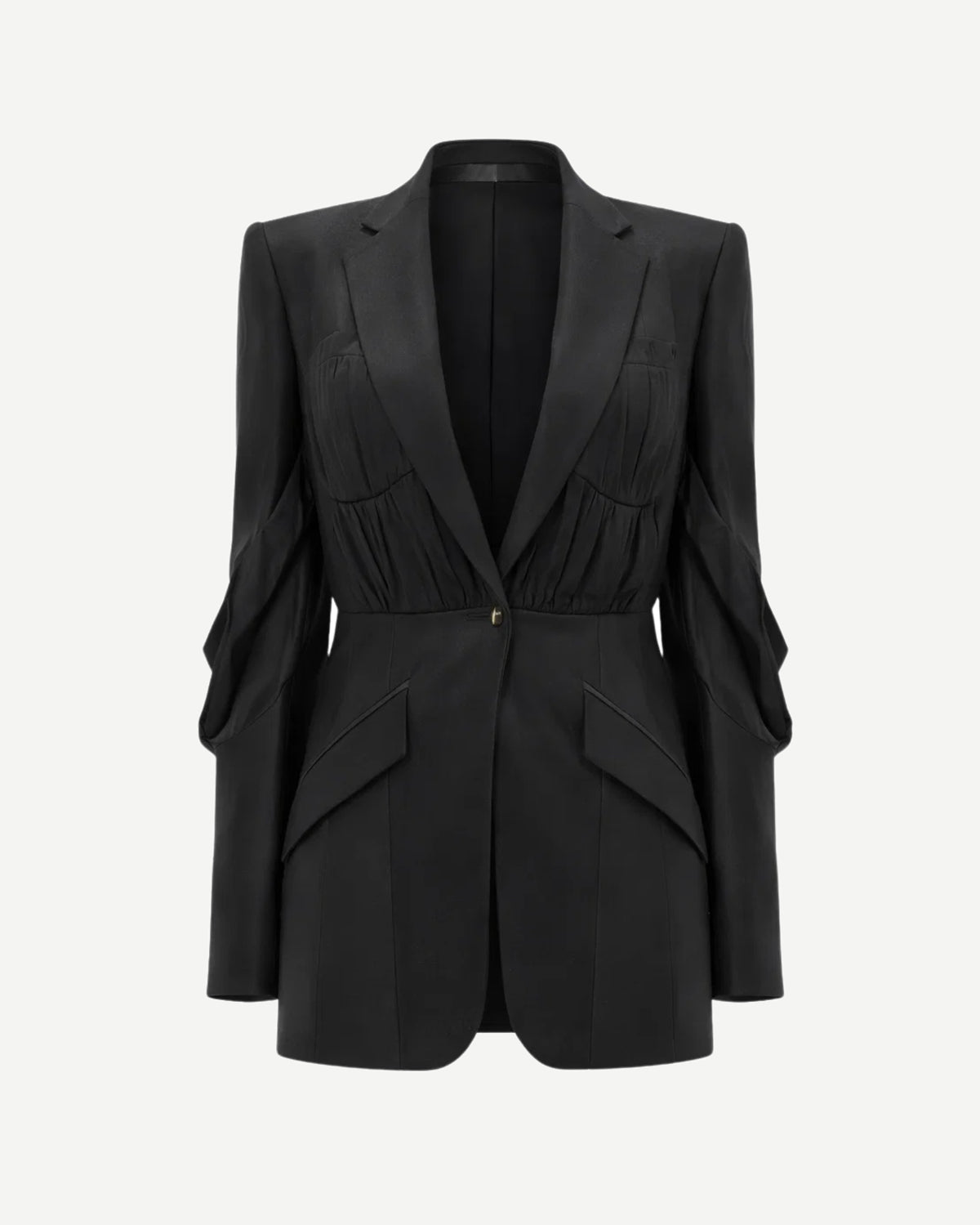 Tailory black peak lapel blazer with gathered sleeves front view