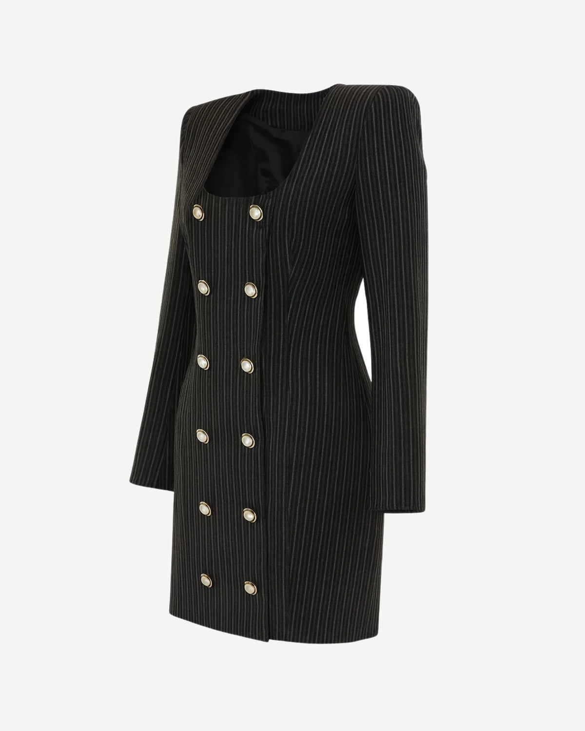 Tailory black pinstripe blazer dress with structured shoulders side view