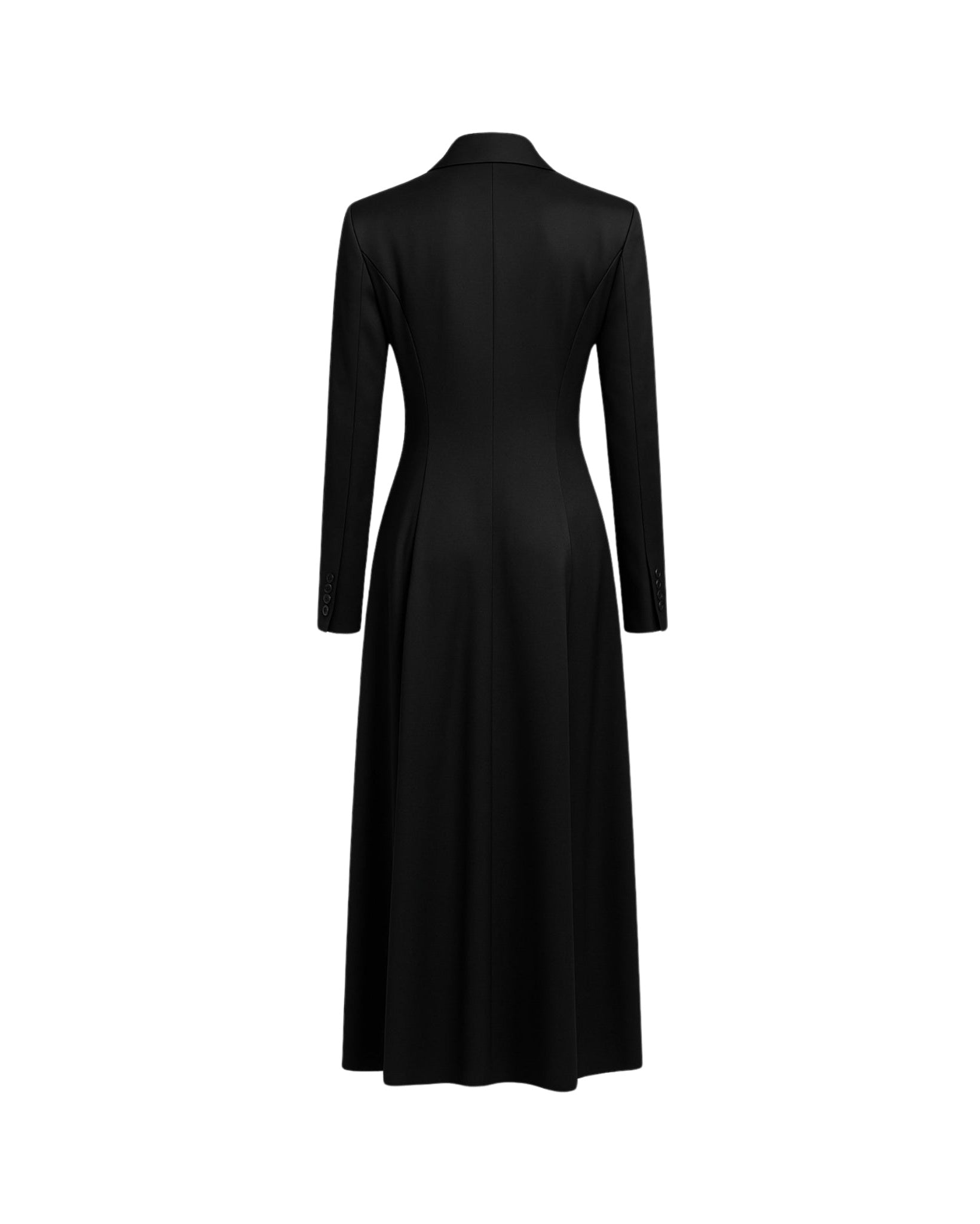 Black Satin Blazer Dress Formal Double Breasted Coat shown from the back, featuring a long, flowing silhouette with a fitted waist, tailored shoulders, and structured long sleeves for elegant formalwear.