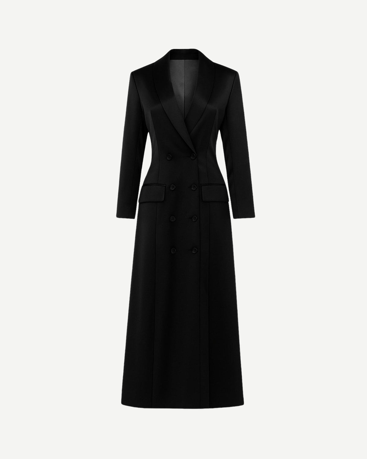 Black Satin Blazer Dress Formal Double Breasted Coat featuring a long tailored silhouette, satin peak lapels, double-breasted button closure, flap pockets, and fitted long sleeves for sophisticated eveningwear.