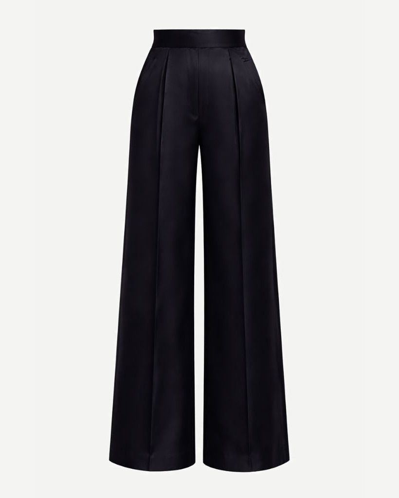 Tailory black silk satin wide-leg trousers front view