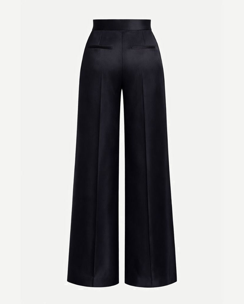 Tailory black silk satin wide-leg trousers back view