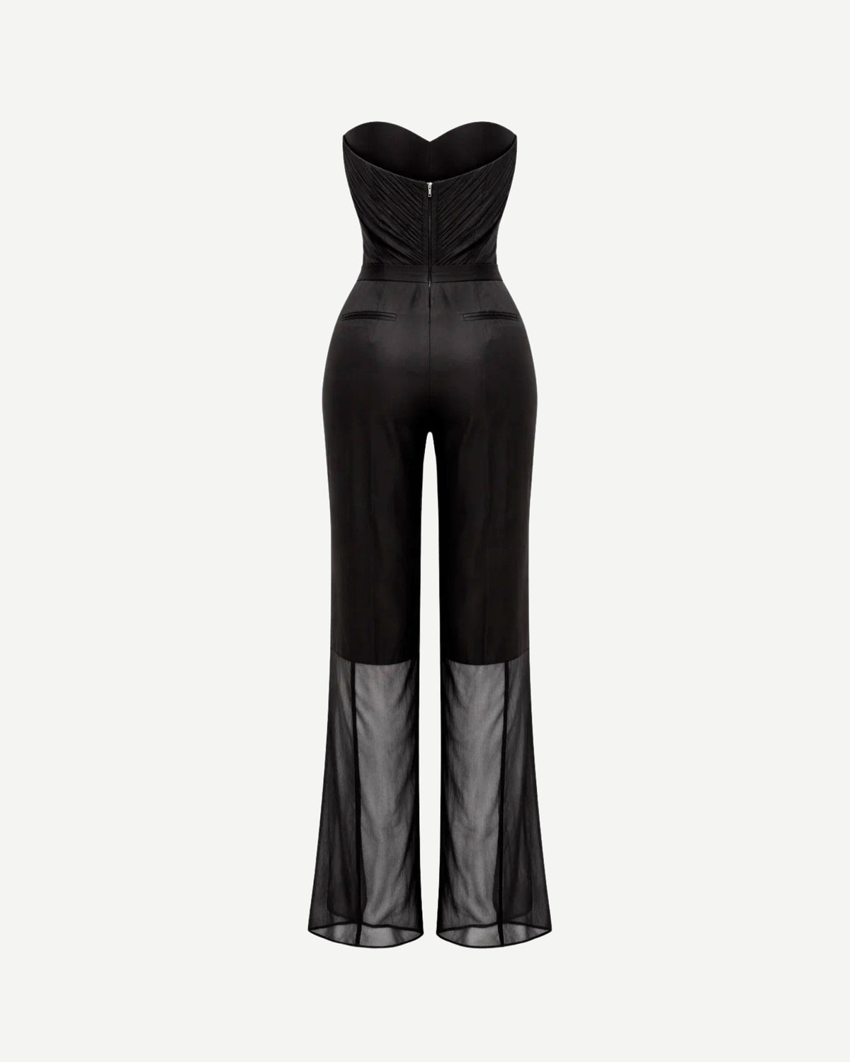Tailory black strapless jumpsuit with wide-leg silhouette and sheer hem back view