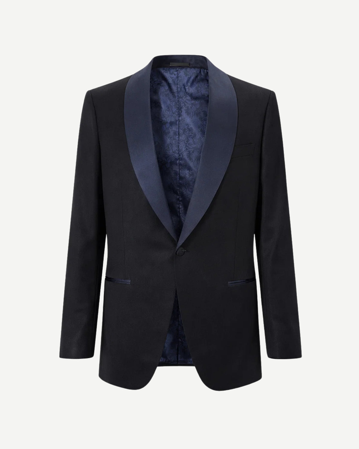 Tailory black tuxedo jacket with navy satin shawl lapel front view