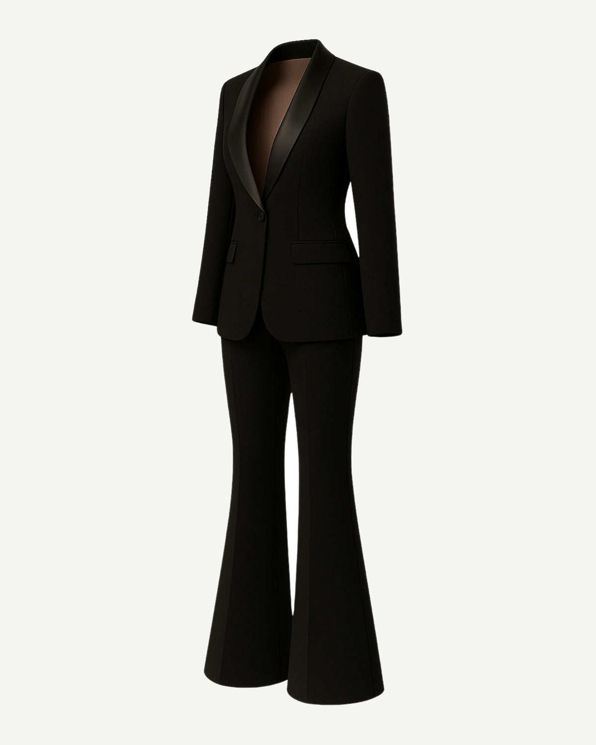 Tailory black formal tuxedo suit with satin shawl lapels side view