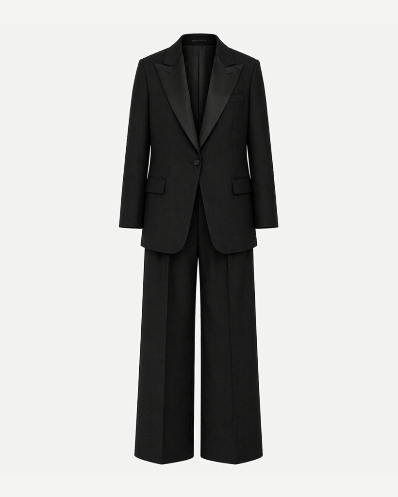 Tailory black tuxedo suit satin peak lapel front view