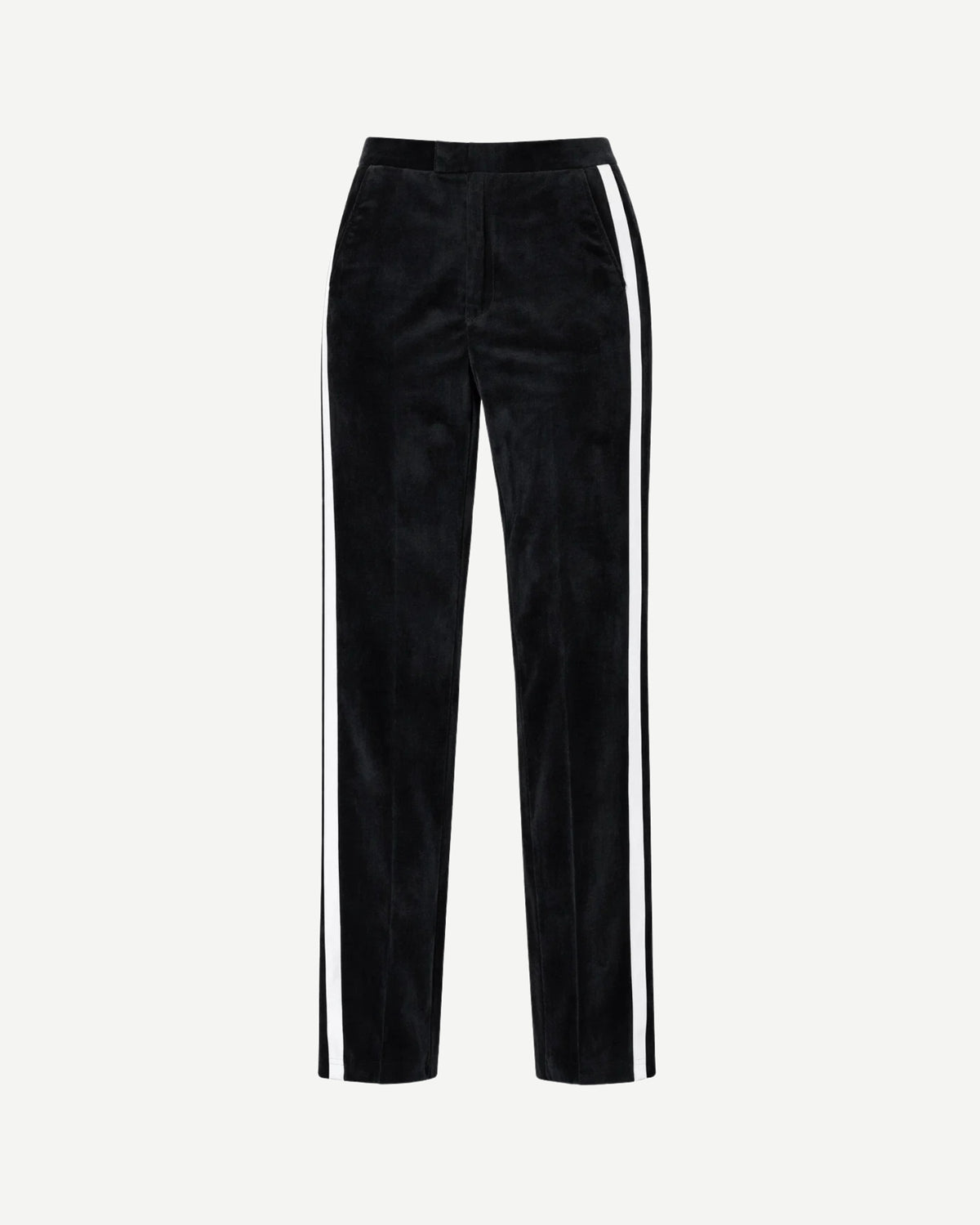 Tailory black velvet track trousers with contrast stripe front view