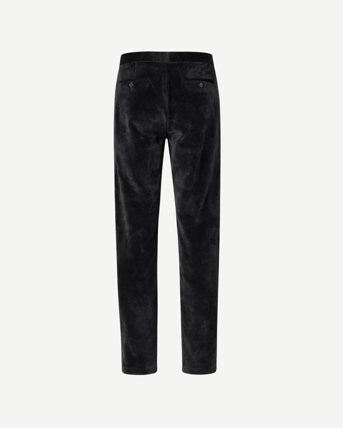 Tailory black velvet straight-leg track trousers back view