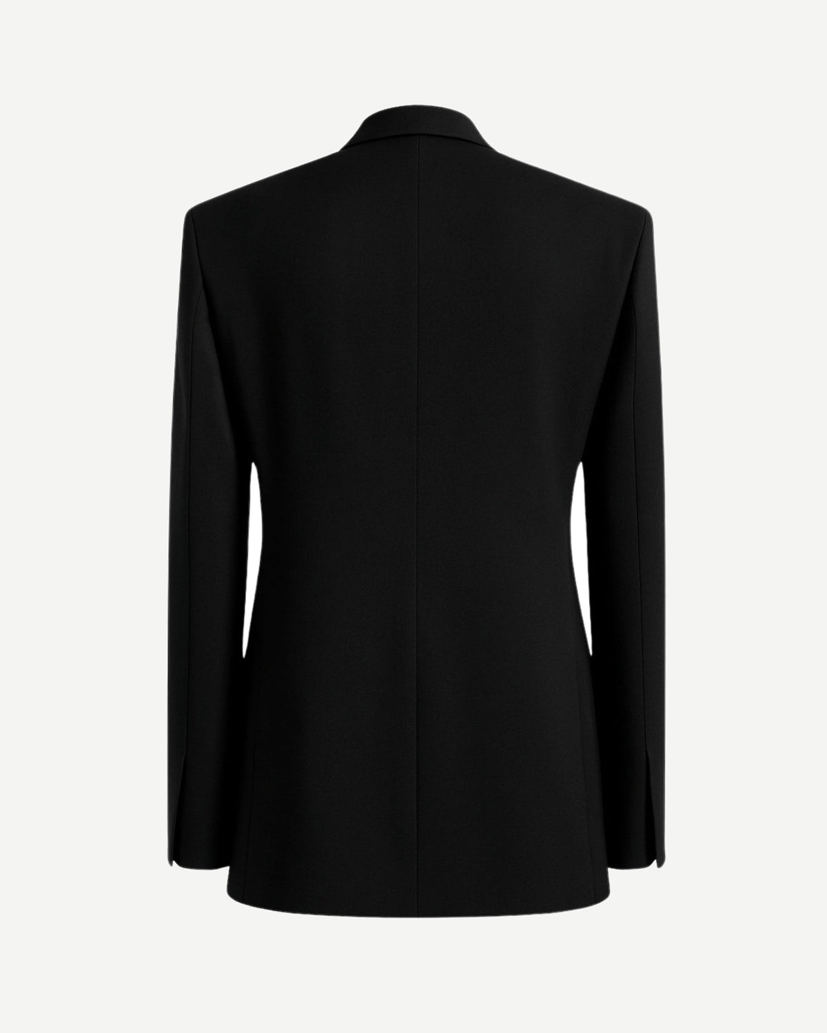 Black Wool Blazer Formal Single Button Evening Jacket shown from the back, featuring a tailored fit with clean lines, structured shoulders, and long sleeves in refined wool fabric.