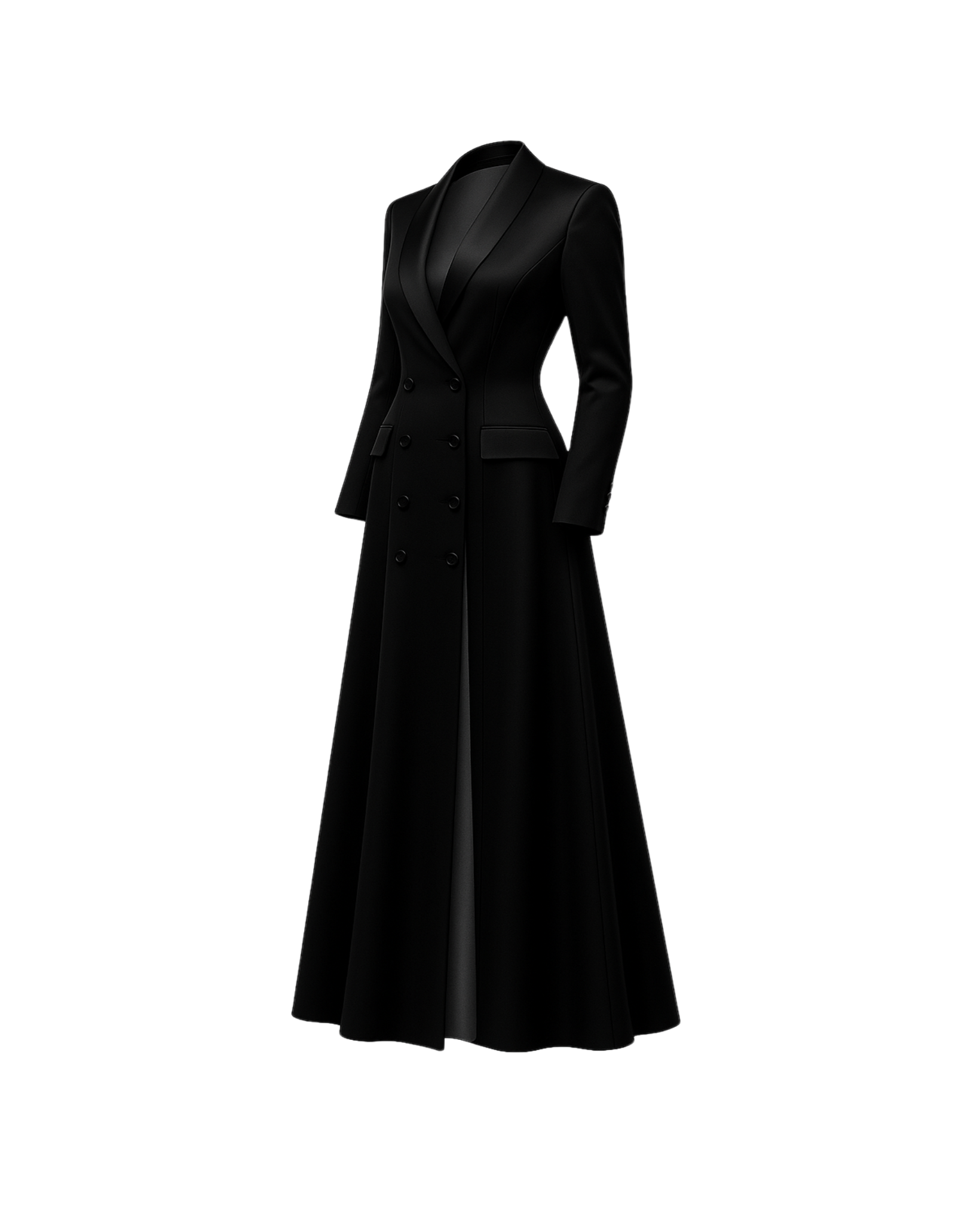 Black Satin Blazer Dress Formal Double Breasted Coat featuring a fitted bodice with satin peak lapels, double-breasted button closure, and a flowing full-length skirt for elegant eveningwear.