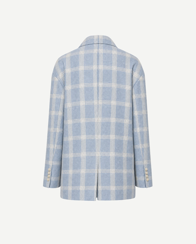 The Tailory New York blue check Loro Piana cashmere silk blazer back view