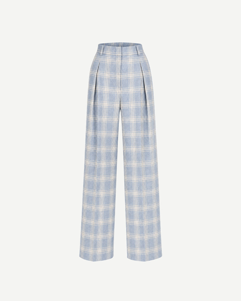 The Tailory New York blue check Loro Piana cashmere silk pleated pants front view