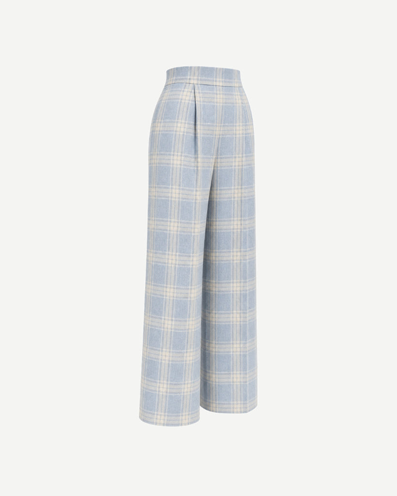 The Tailory New York blue check Loro Piana cashmere silk pleated pants side view