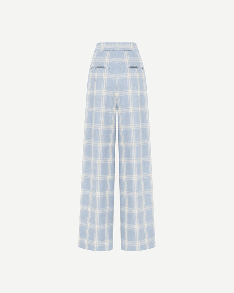 The Tailory New York blue check Loro Piana cashmere silk pleated pants back view