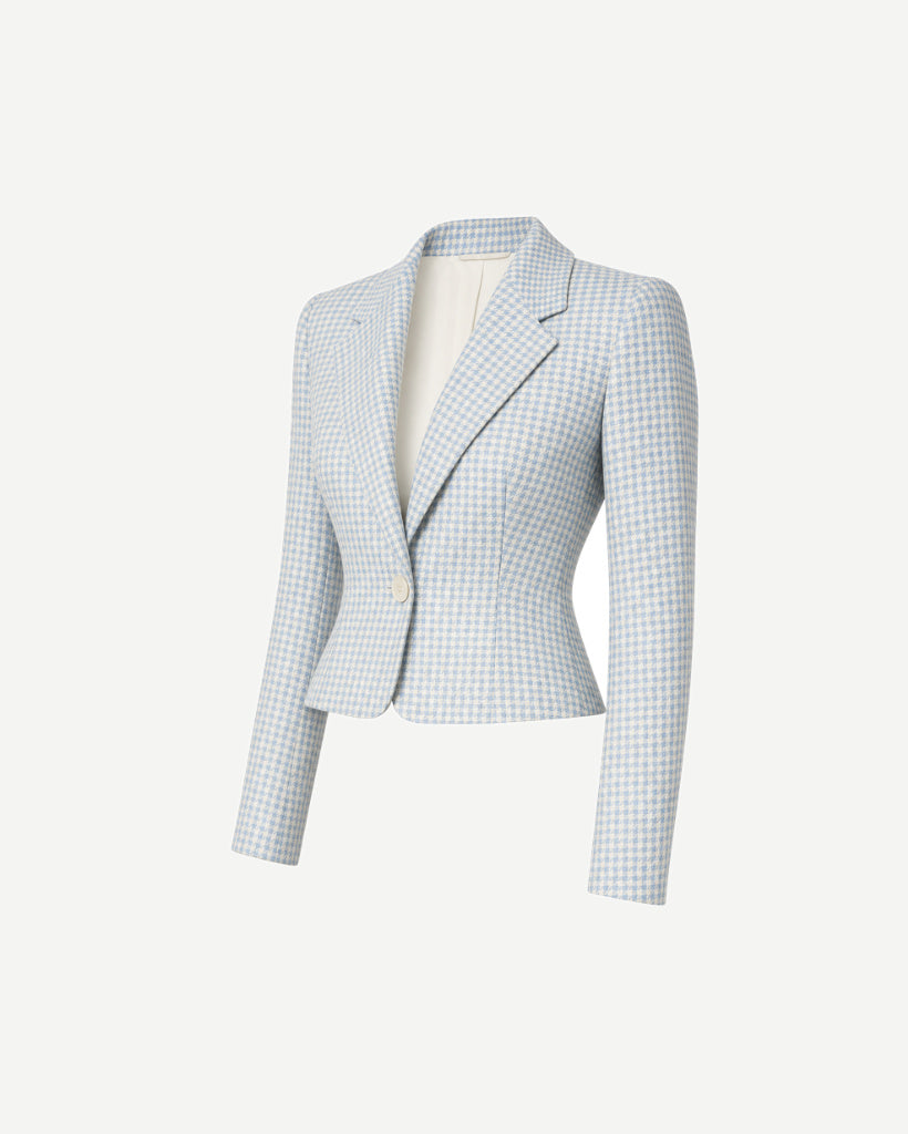 The Tailory New York blue houndstooth Loro Piana cropped jacket three quarter view