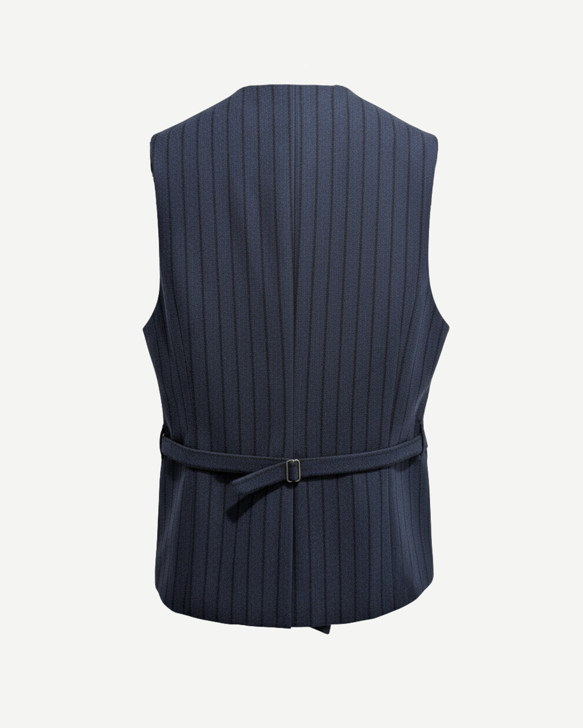 Tailory navy pinstripe double-breasted vest with adjustable back belt back view