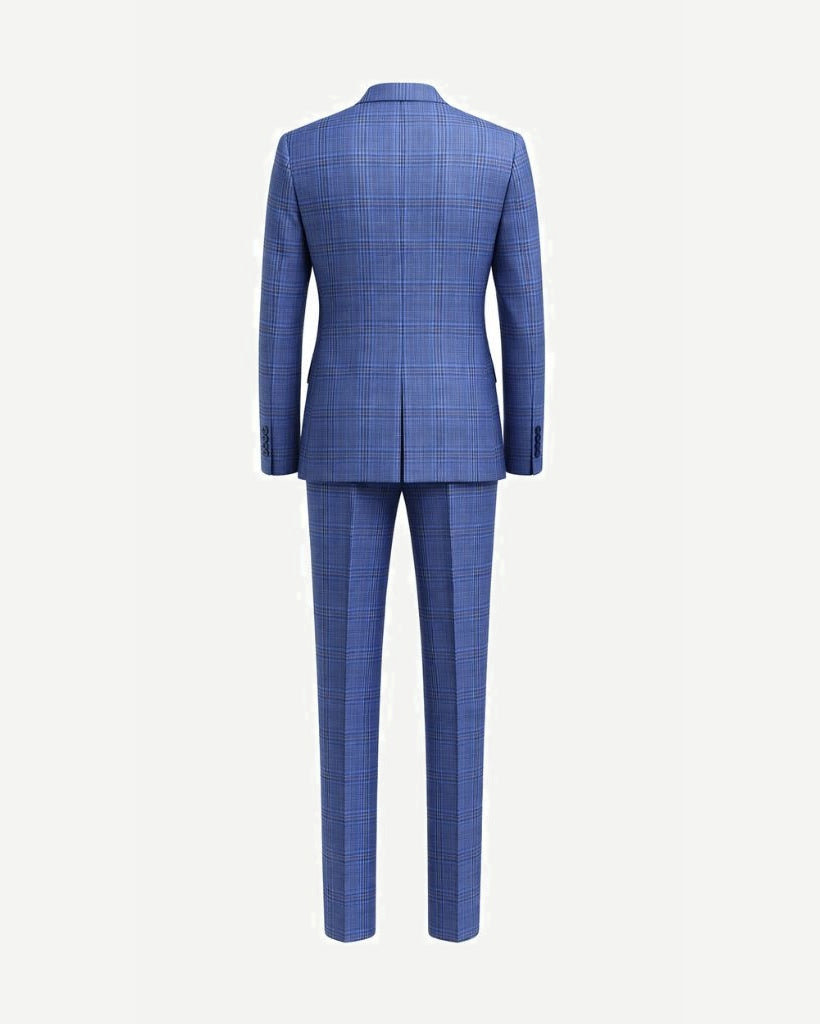 Back view of Blue Plaid Double-Breasted Men's Two-Piece Classics Cut Suit featuring a tailored jacket with clean lines and matching slim-fit trousers in a sophisticated plaid pattern.