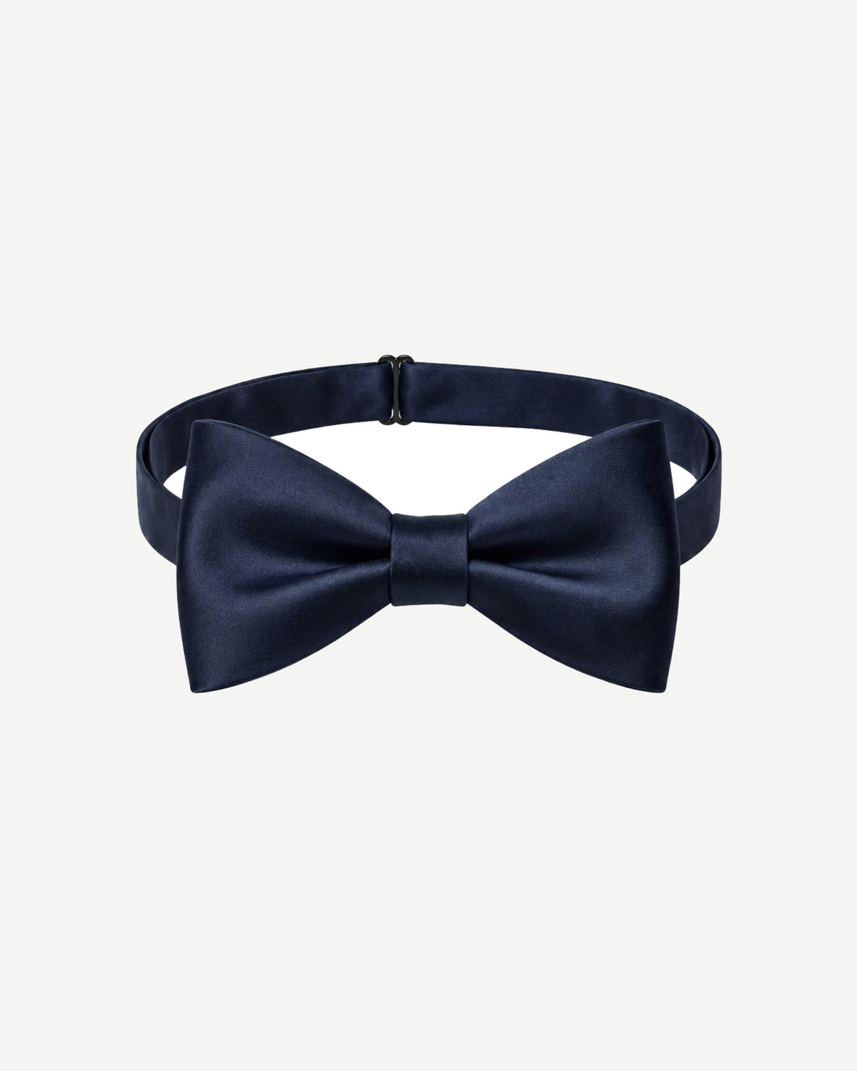 Front view of navy satin pre-tied bow tie with structured butterfly shape and adjustable neck strap