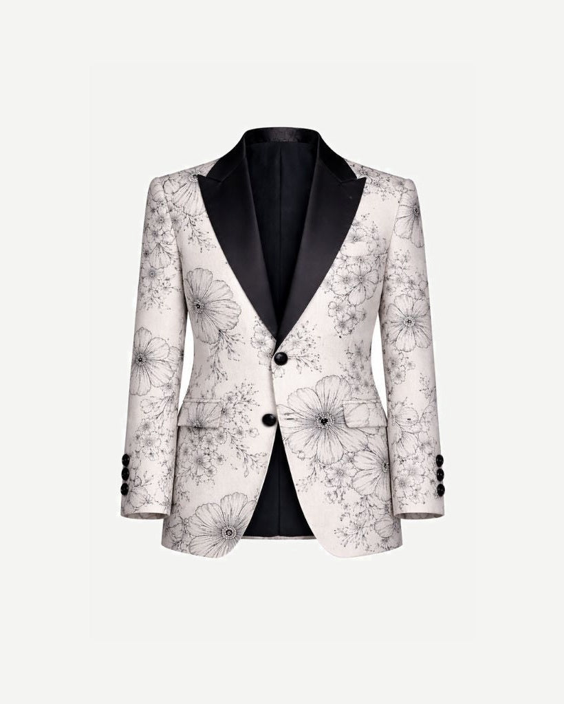 Brunello Cucinelli White Floral Graphic Tuxedo Jacket featuring a tailored fit with intricate monochrome floral illustrations and contrasting black satin peak lapels for refined formalwear.