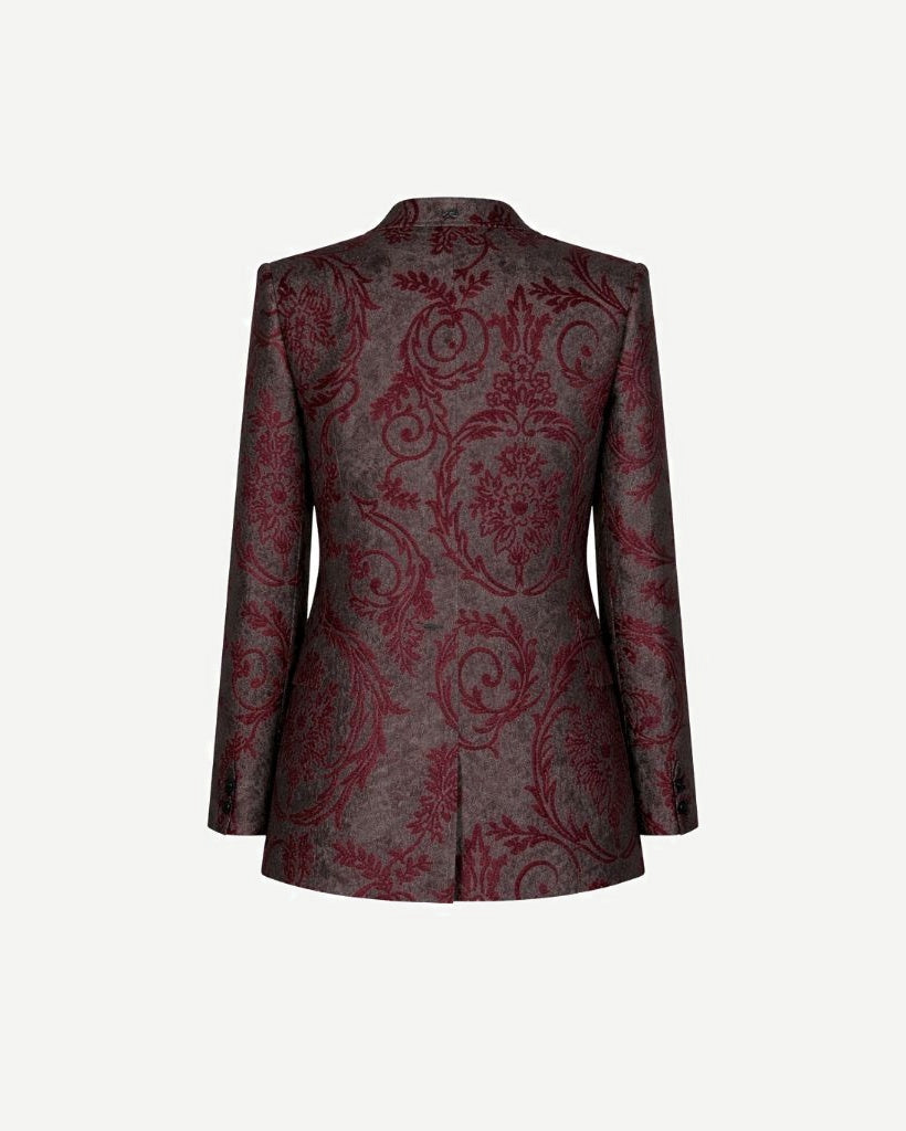 Back view of Burgundy Baroque Velvet Graphic Jacket showcasing an elegant burgundy baroque pattern on velvet fabric with a tailored fit and a single center vent for refined eveningwear.