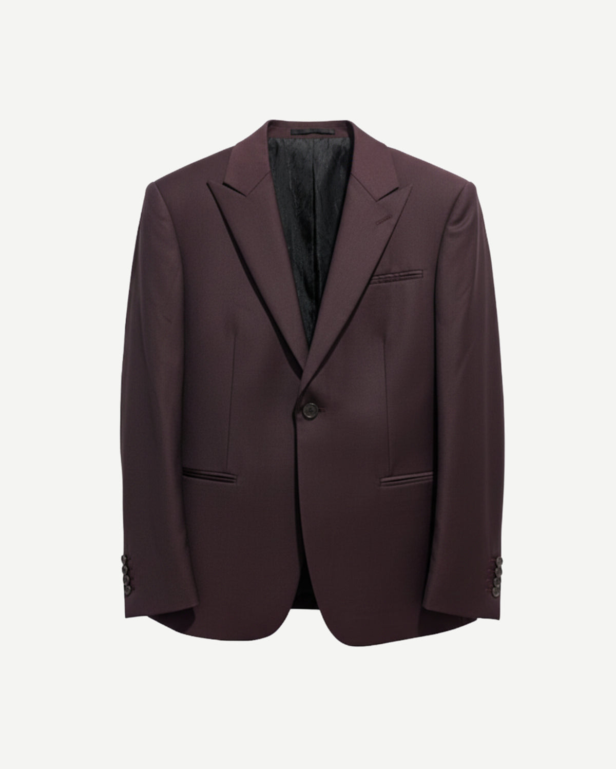 Tailory burgundy peak-lapel single-button blazer with tonal piping, front view.