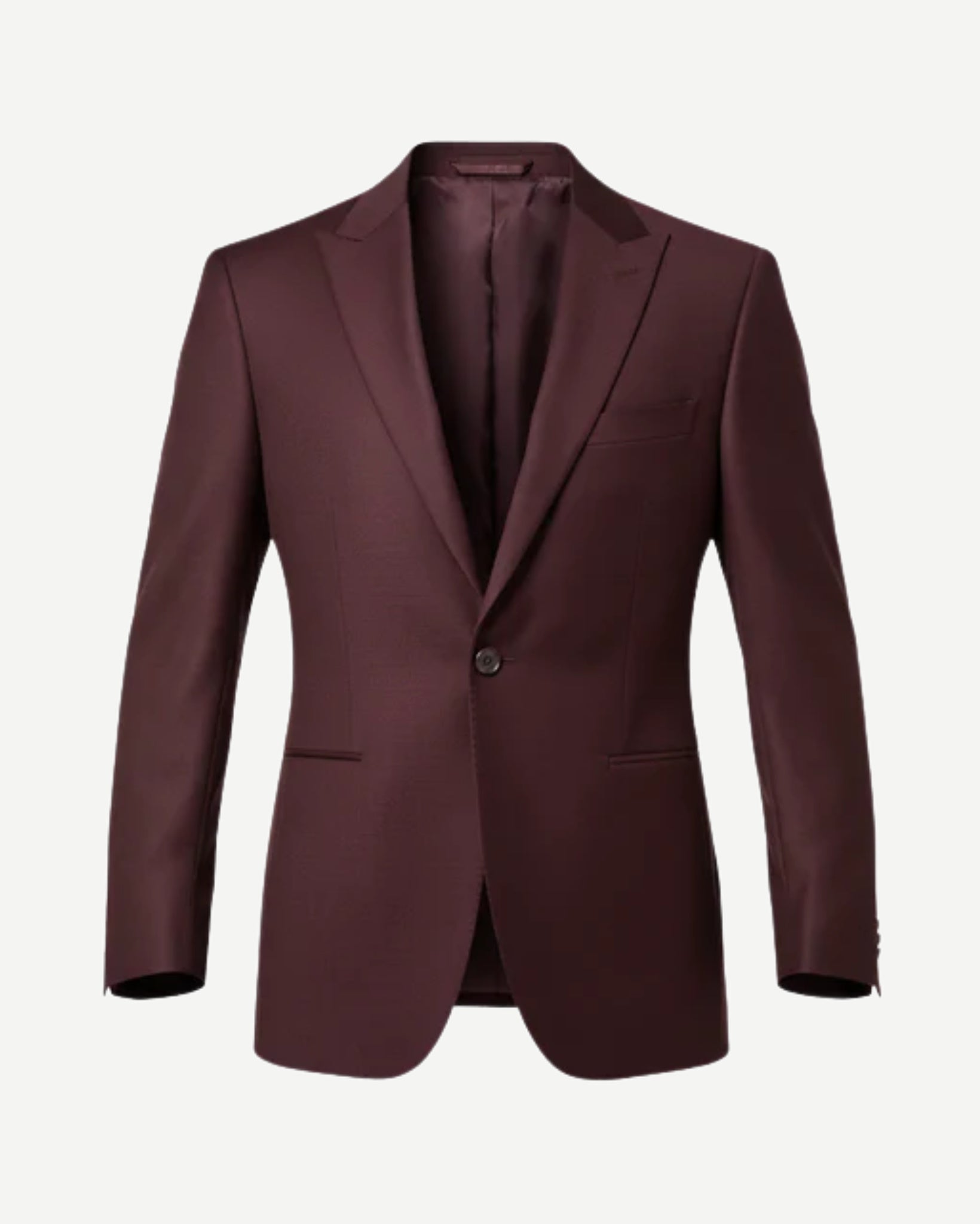 Burgundy Wool Blazer with a single-button closure, notched lapels, and a slim tailored cut accentuating a refined, modern silhouette perfect for formal evening or business wear.