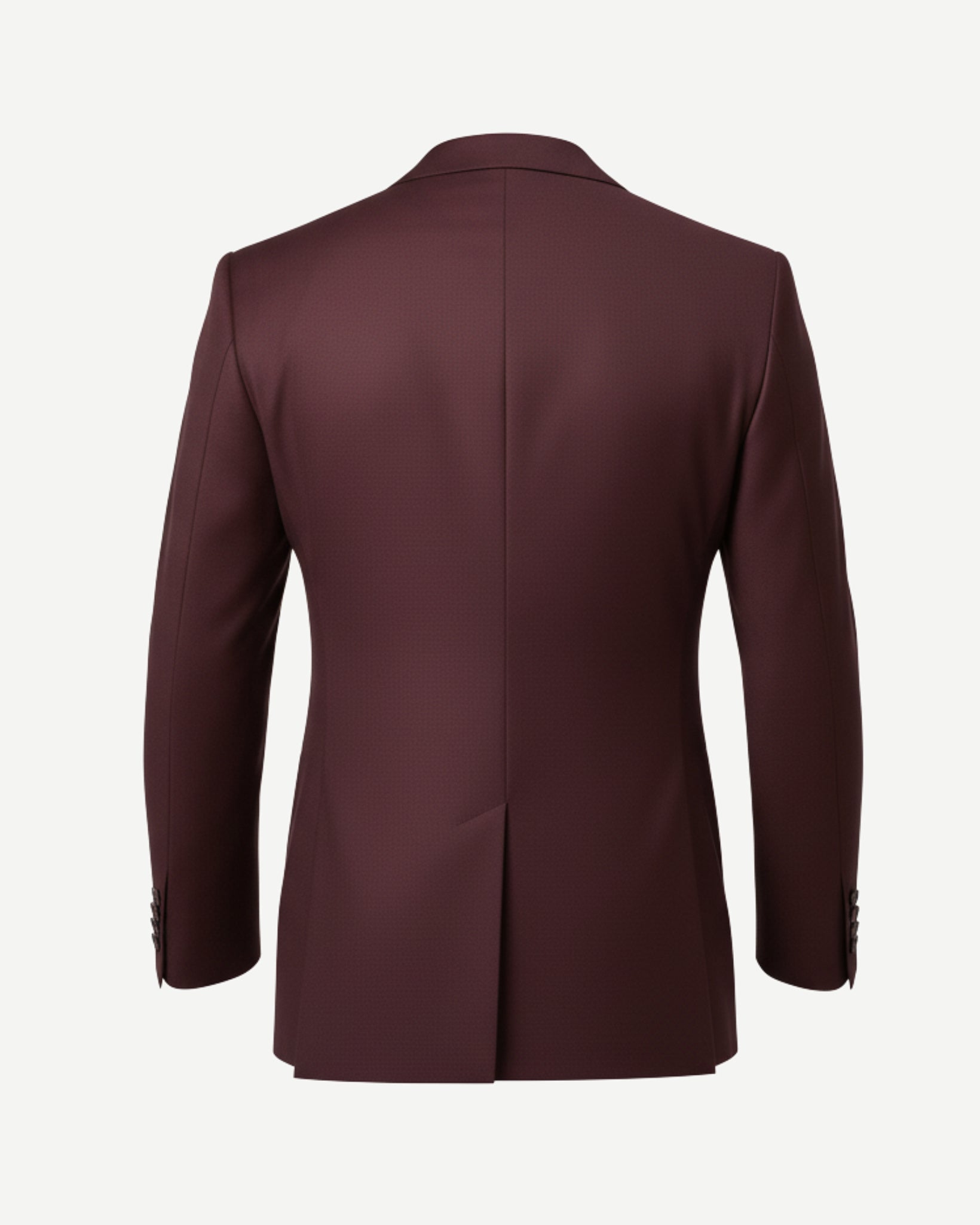 Back view of the Burgundy Wool Blazer featuring a sleek, deep burgundy fabric with a single vent and clean, tailored lines for a modern, polished silhouette.