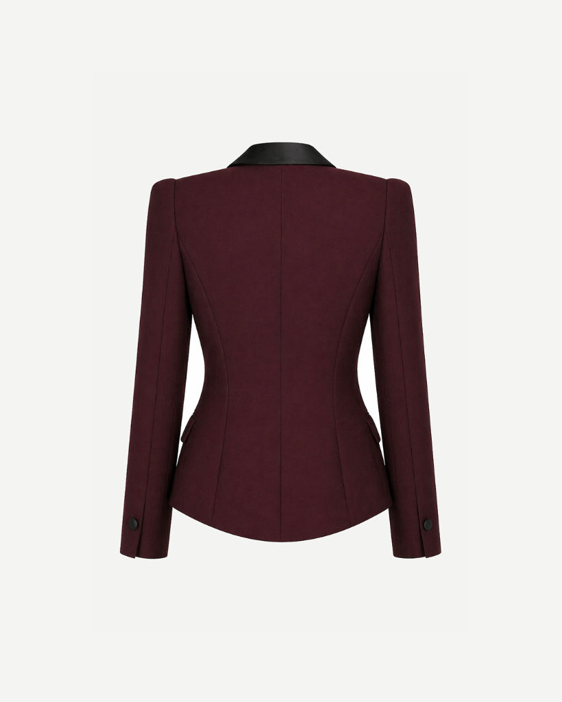 Tailory burgundy tuxedo blazer sculpted waist back view