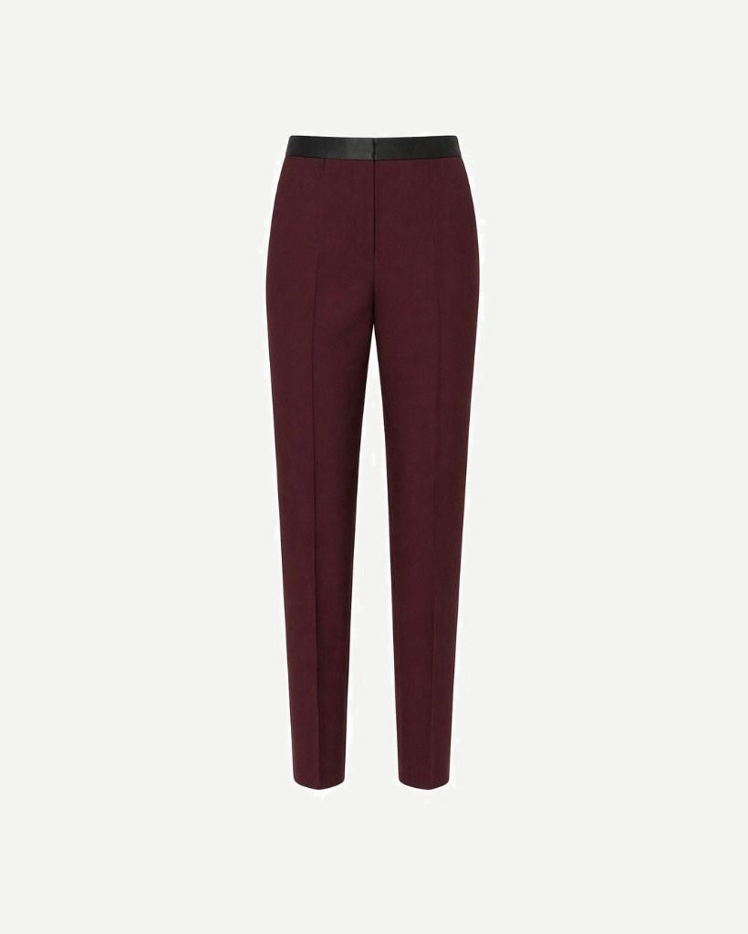 Burgundy Wool Tuxedo Trousers — Slim Tapered Fit with Satin Waistband featuring a rich wool fabric in deep burgundy, tailored for a sleek silhouette with a smooth satin waistband detail.