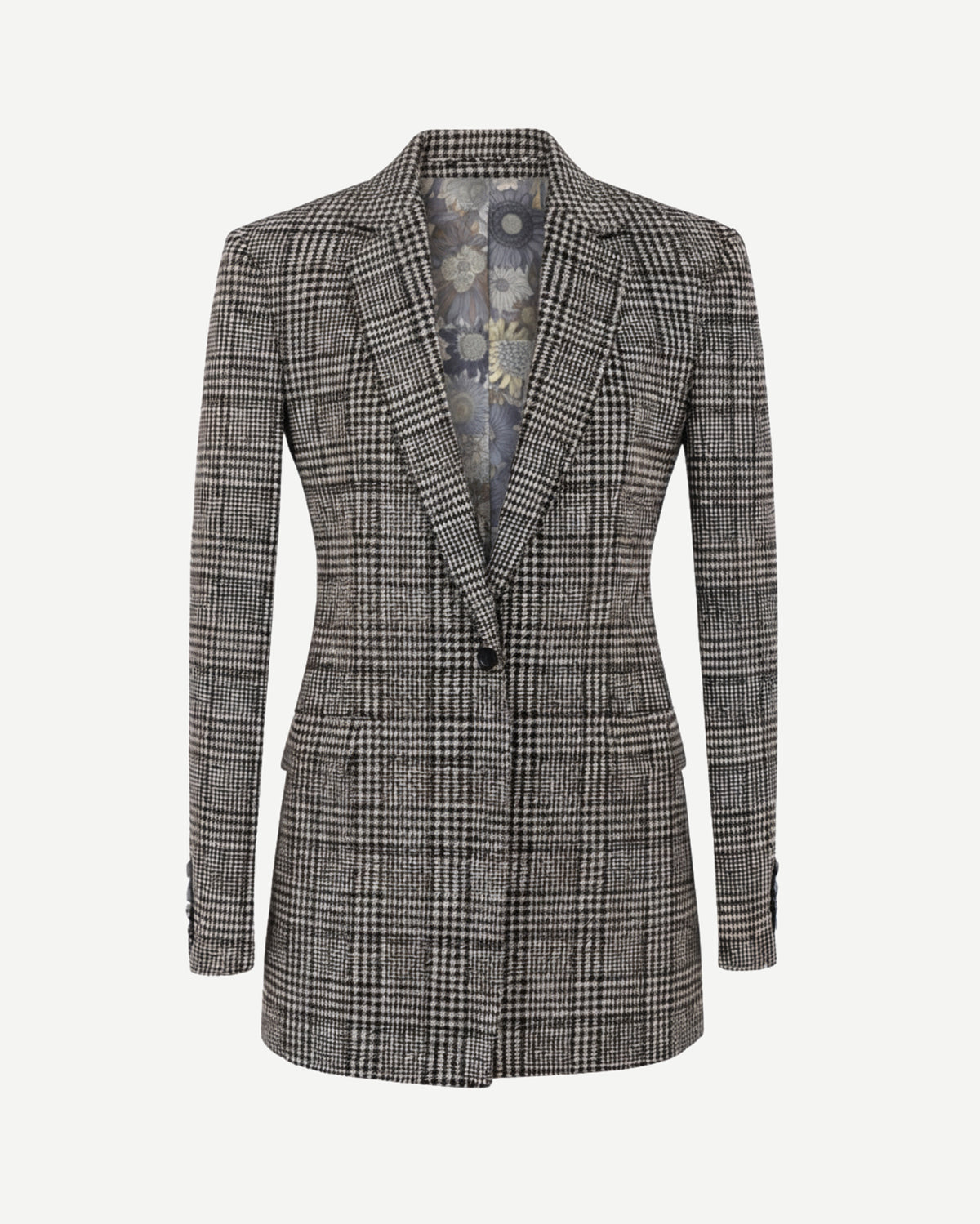 Tailory charcoal glen plaid elongated blazer with metallic thread front view