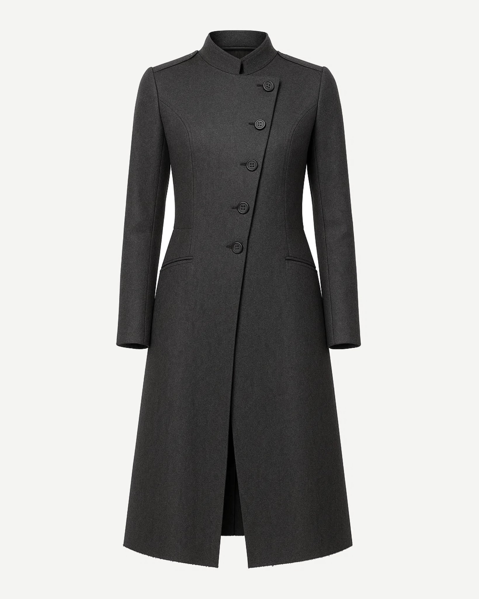 Tailory charcoal deconstructed military double-breasted coat front view