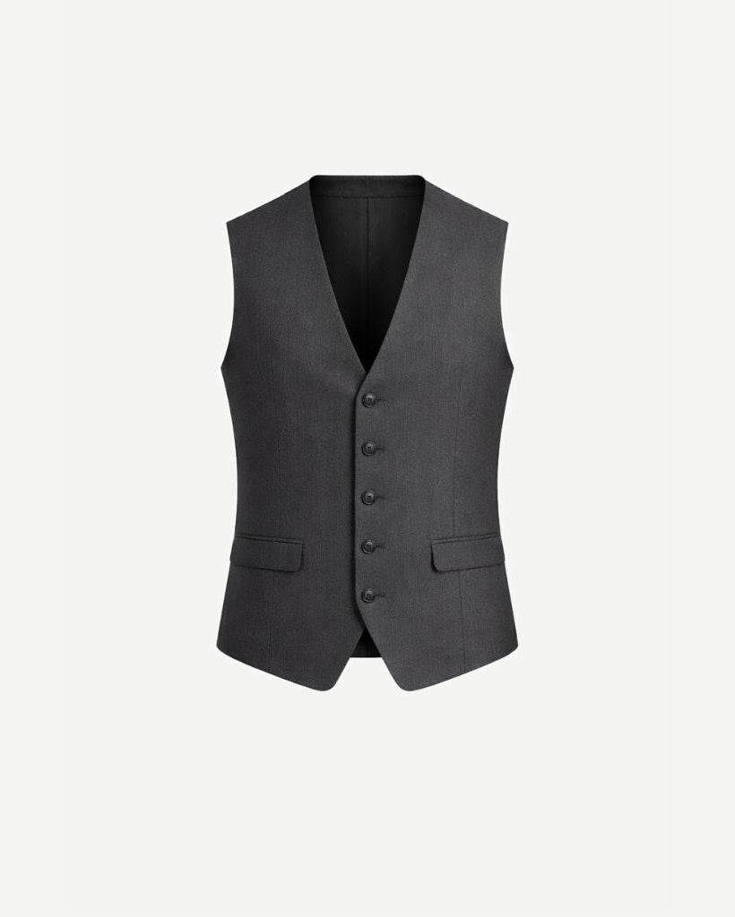 Charcoal Men's Classic Cut Vest with a sleek V-neck, five-button front, and tailored fit, designed in smooth dark grey fabric for refined men's suiting essentials.