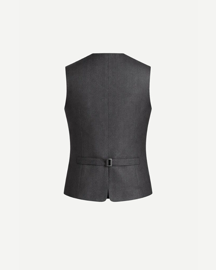 Back view of Charcoal Men's Classic Cut Vest featuring a smooth fabric with a slim adjustable waist strap and a clean, tailored silhouette for sharp formalwear layering.