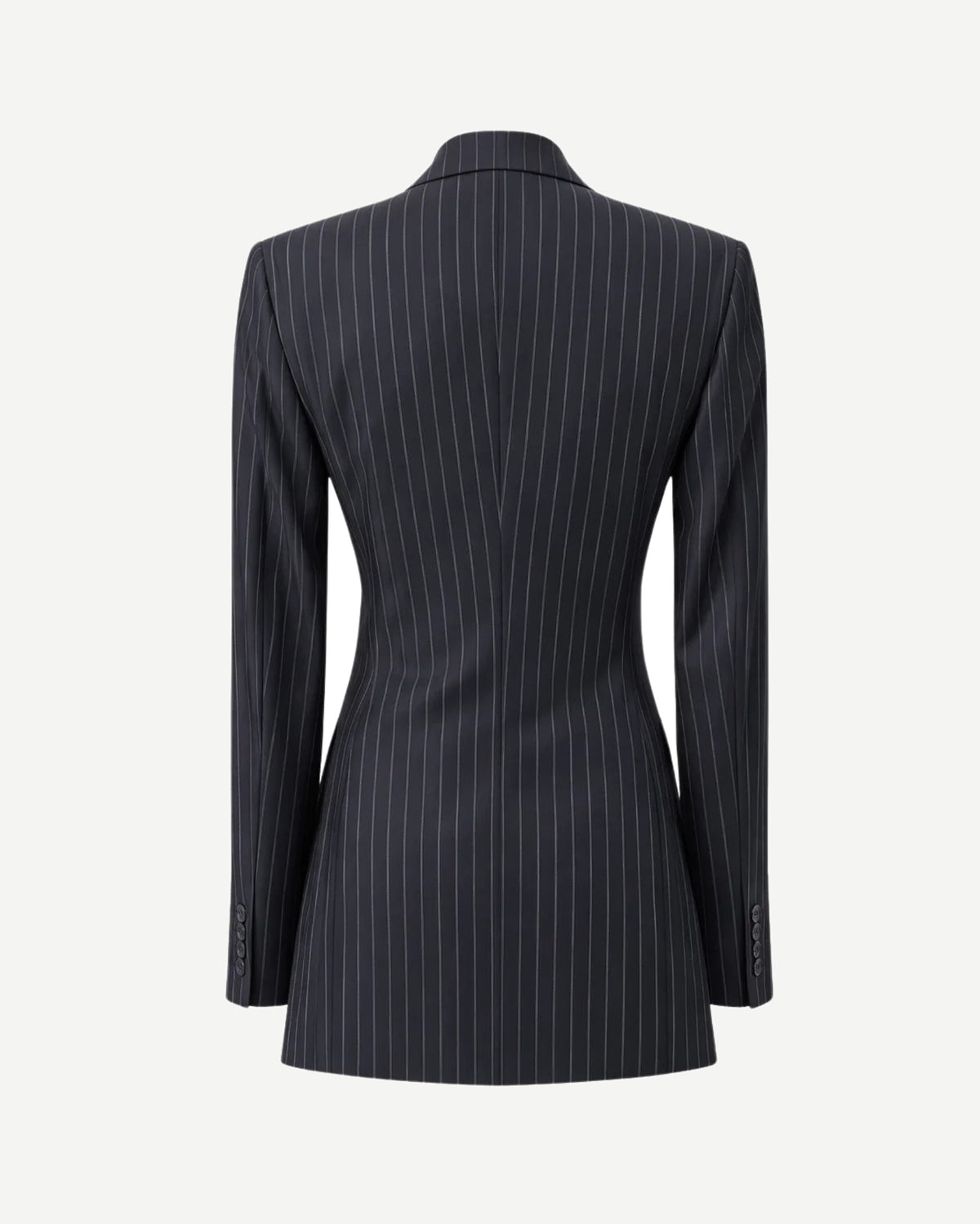 Back view of Charcoal Mixed-Pattern Double-Breasted Blazer featuring a tailored silhouette with sleek vertical pinstripes on a dark fabric, emphasizing structure and refined craftsmanship.