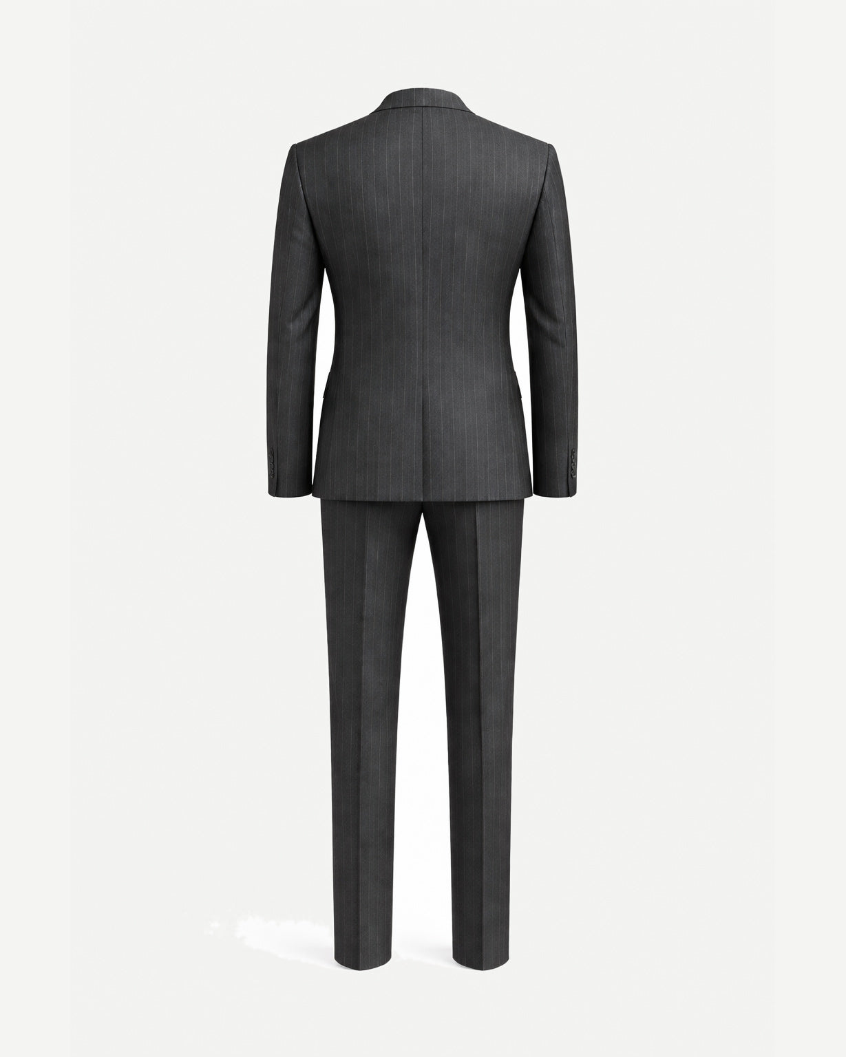Rear view of Charcoal Pinstripe Men's Two-Piece Classic Cut Suit featuring a tailored jacket and straight-leg trousers in a subtle pinstripe pattern for timeless elegance.