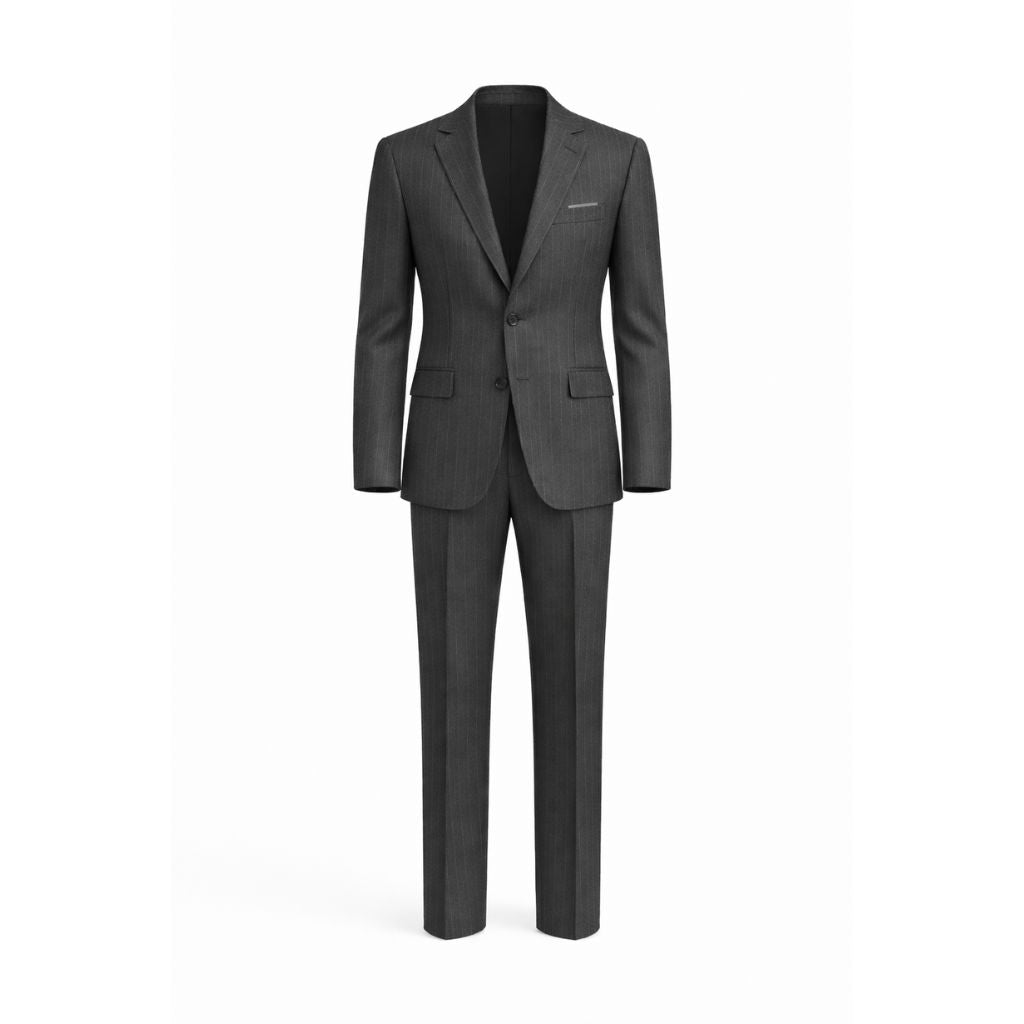 Charcoal pinstripe men's two-piece suit, front view.