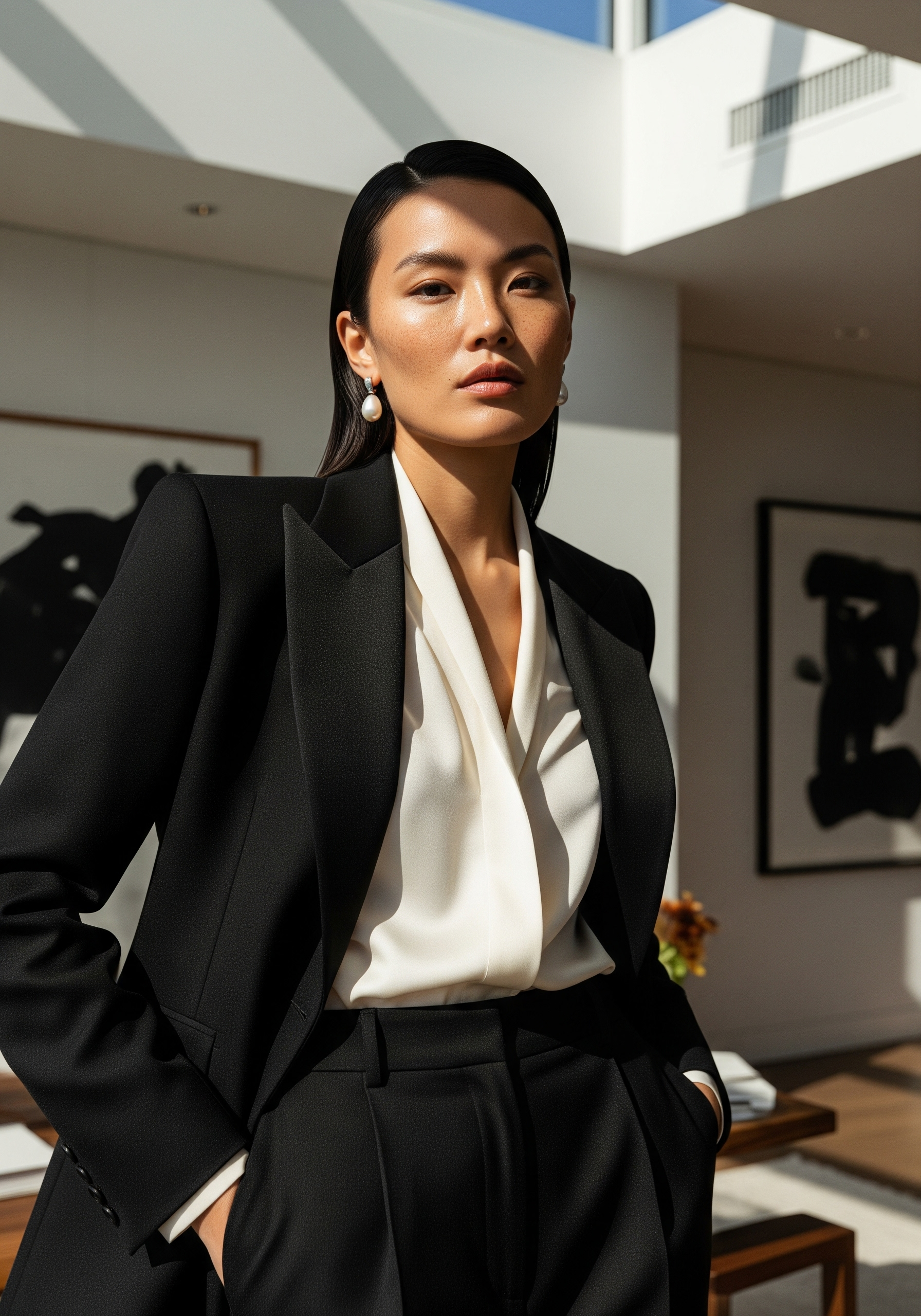 Woman with sleek dark hair wearing a tailored black blazer and high-waisted trousers paired with a cream silk blouse, standing confidently in a sunlit modern interior.