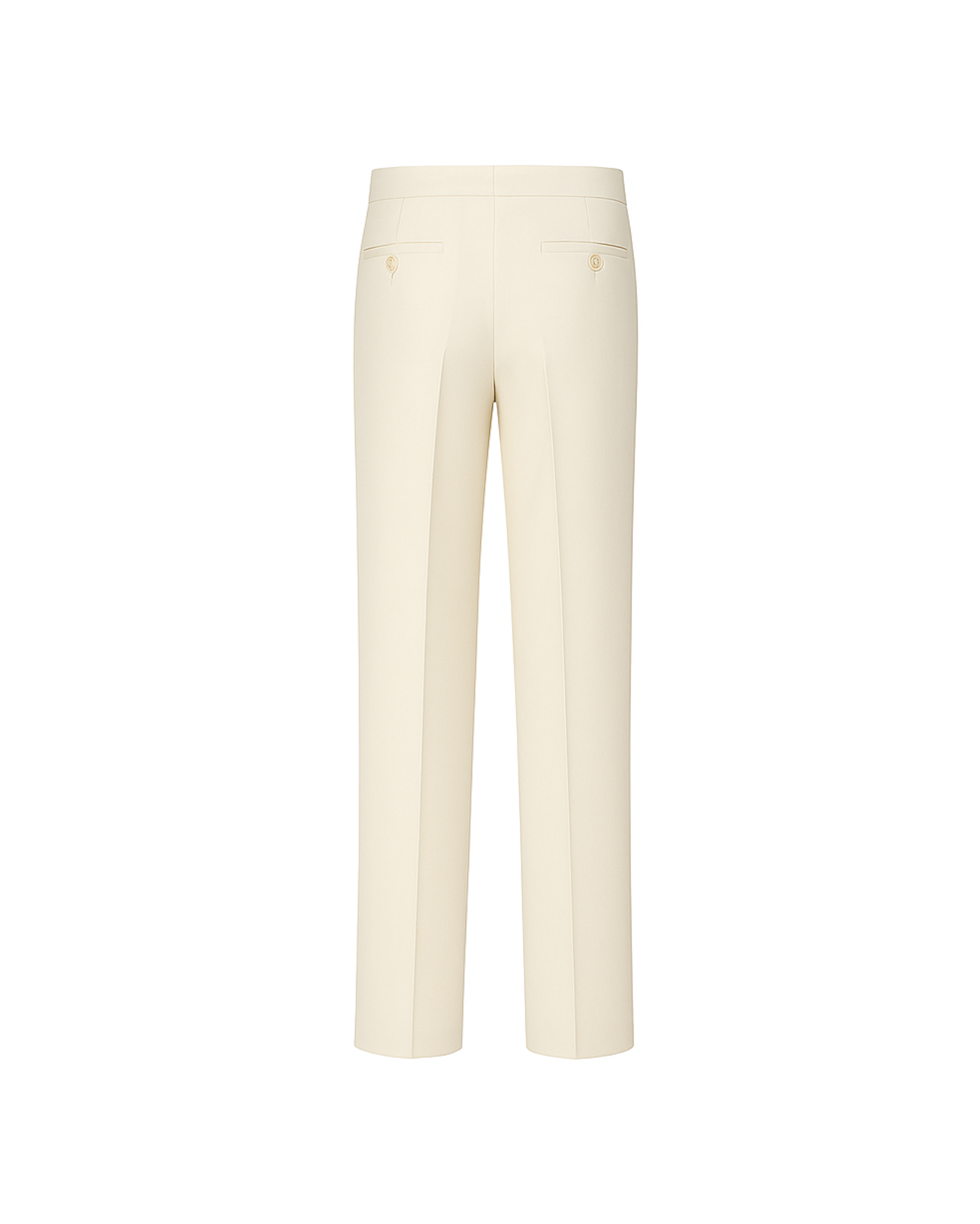 Cream Loro Piana Men's Wide-Leg Trousers displayed from the back, featuring a tailored fit with rear buttoned welt pockets and crafted in luxurious cream fabric for refined men's suiting.