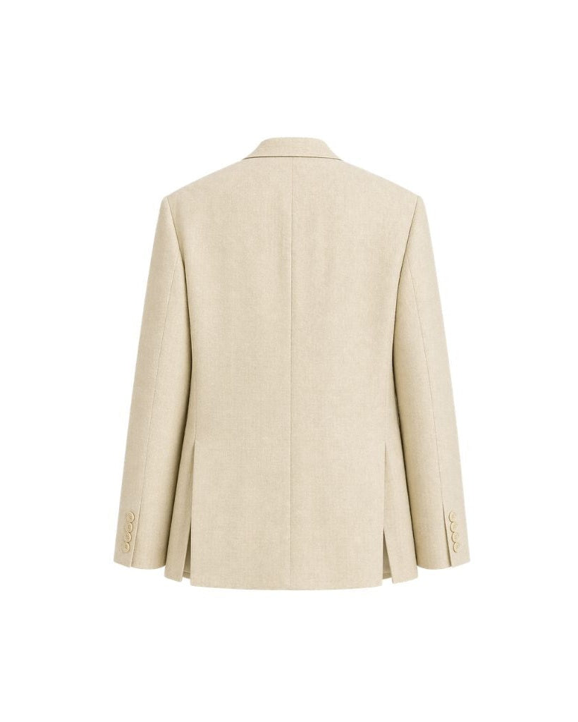 Back view of the Cream Wool and Linen Blend Summer Wedding Blazer showcasing its clean lines, structured tailoring, and lightweight fabric designed for elegant warm-weather dressing.