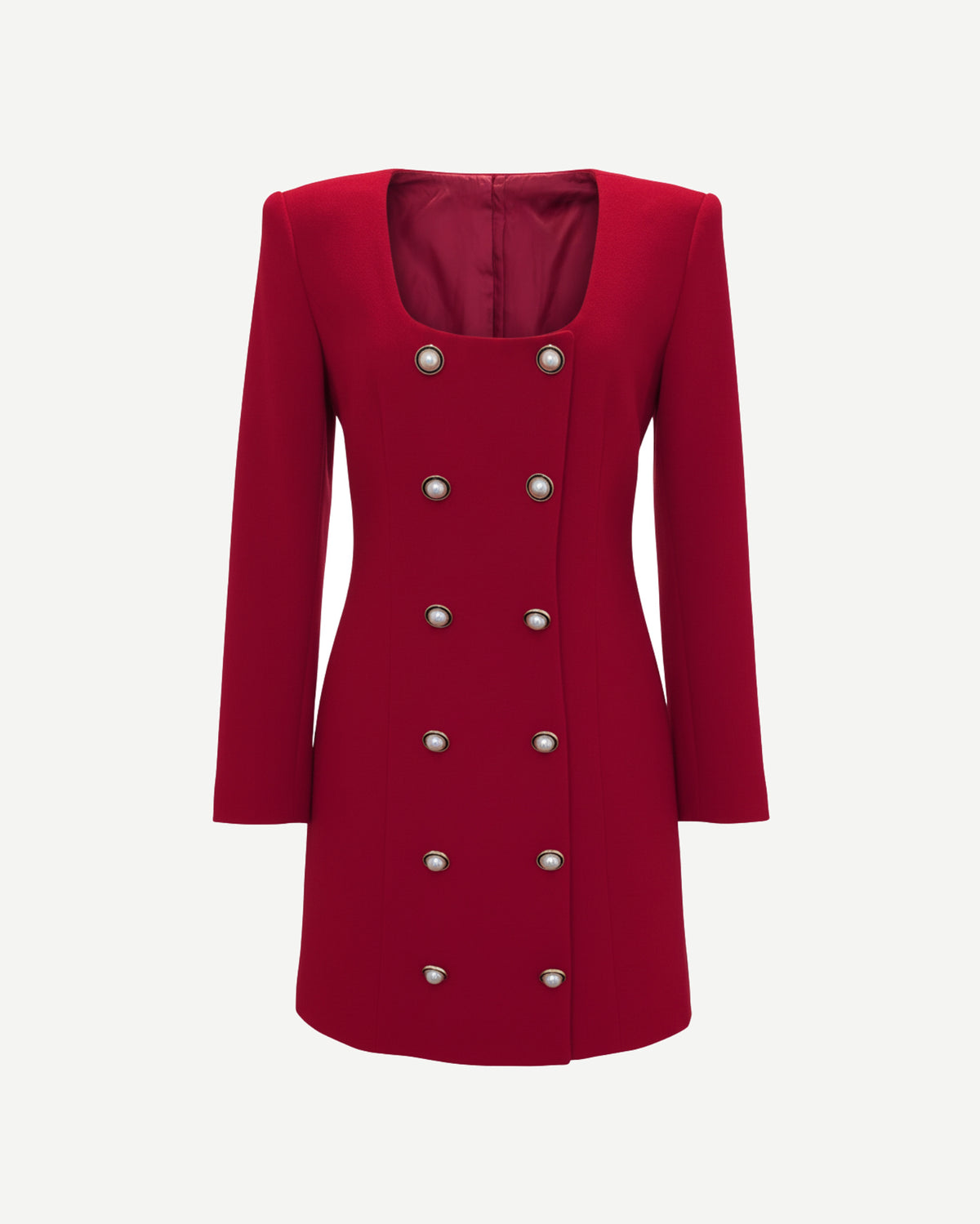 Tailory crimson double-breasted blazer dress with square neckline front view