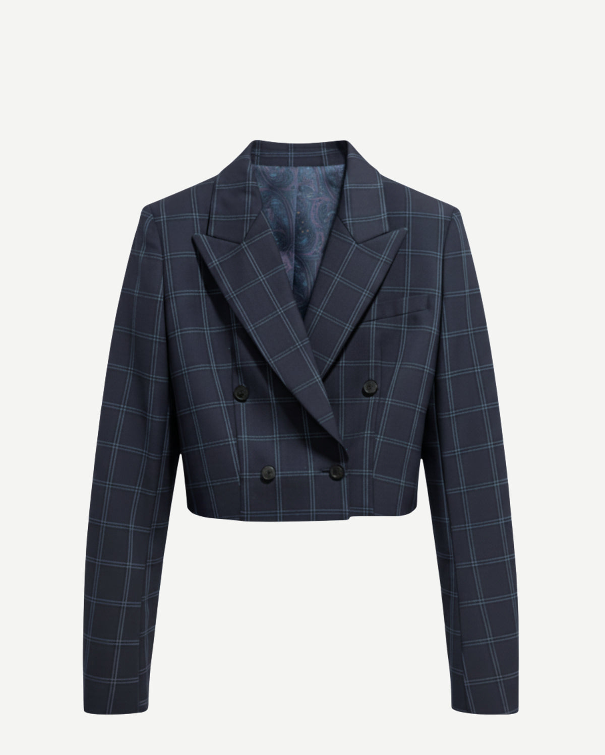 Tailory navy windowpane cropped double-breasted jacket with peak lapels front view