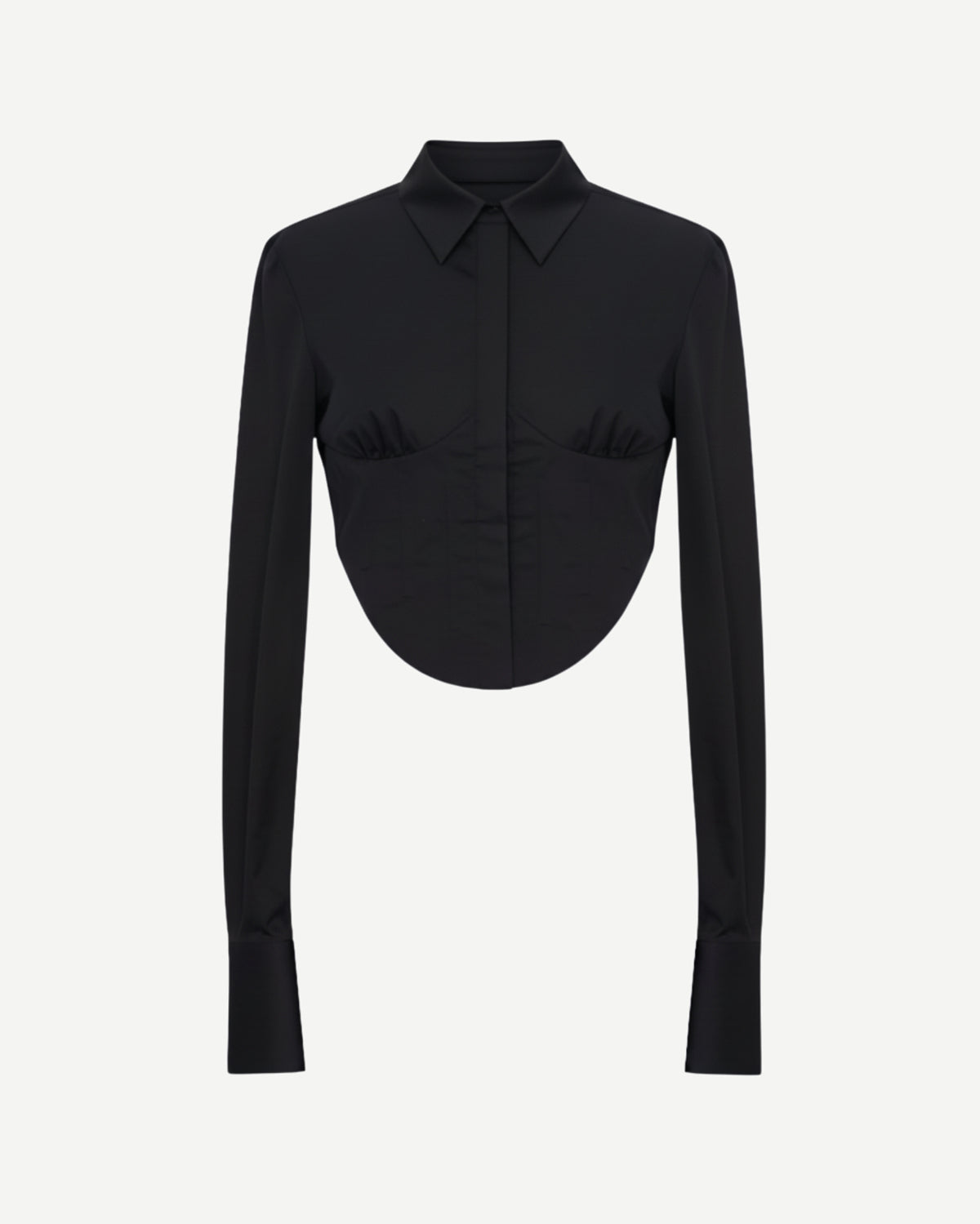 Tailory black cropped tailored shirt with curved hem and concealed placket front view