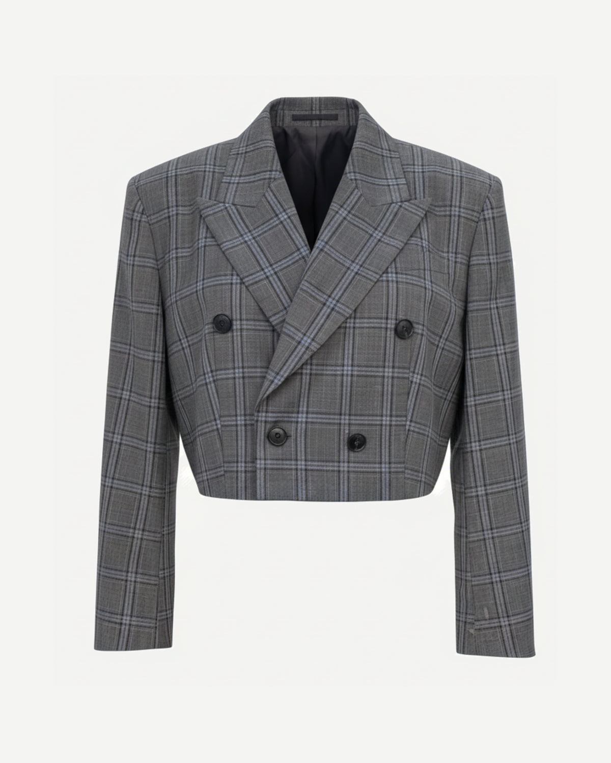 Tailory grey glen plaid cropped double-breasted blazer with peak lapels front view