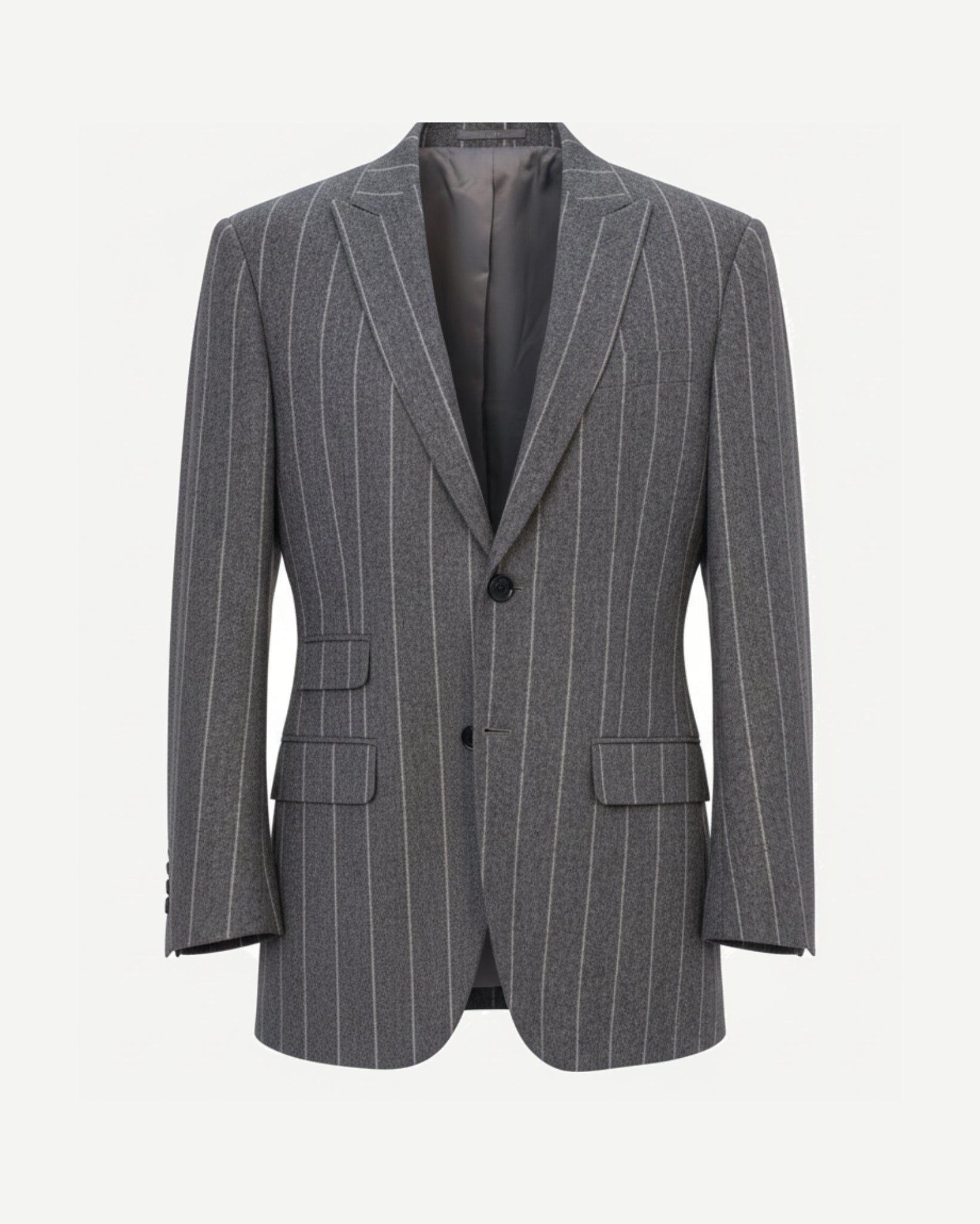 Tailory charcoal white pinstripe cropped tailored blazer with notch lapels front view